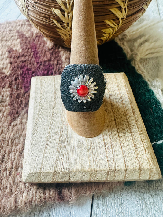 Handcrafted Sterling Silver & Red Spiny Concho Adjustable Ring