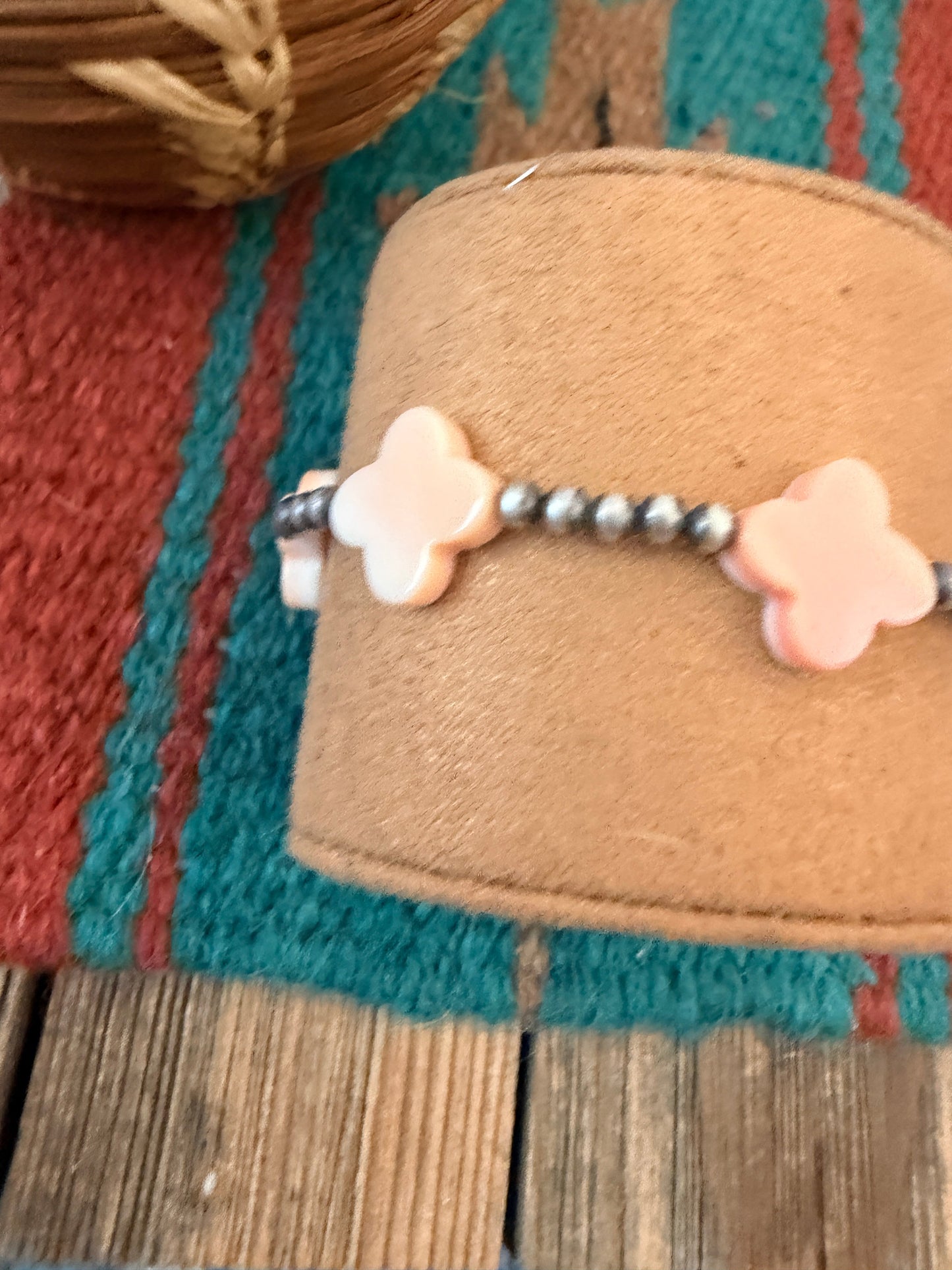 Handcrafted Queen Pink Conch & Sterling Silver Pearl Cross Beaded Stretch Bracelet