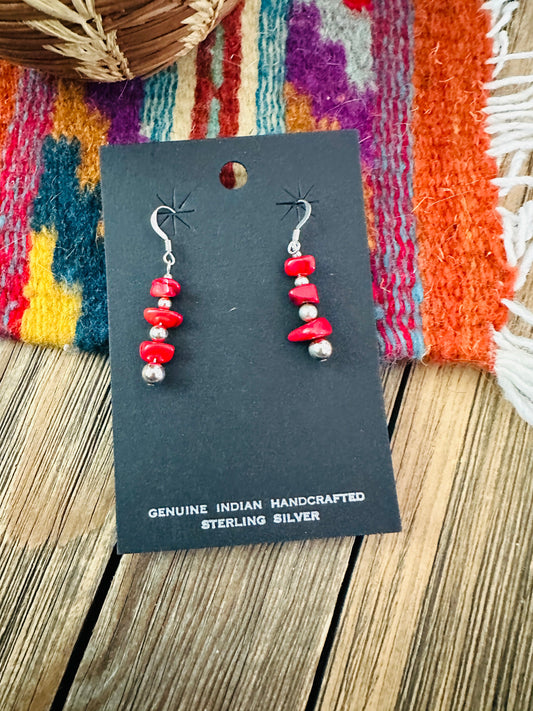 Handcrafted Apple Coral & Sterling Silver Beaded Dangle Earrings