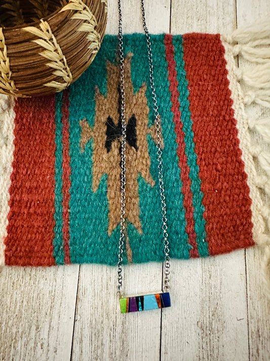 Handcrafted Multi Stone & Sterling Silver Inlay Bar Necklace