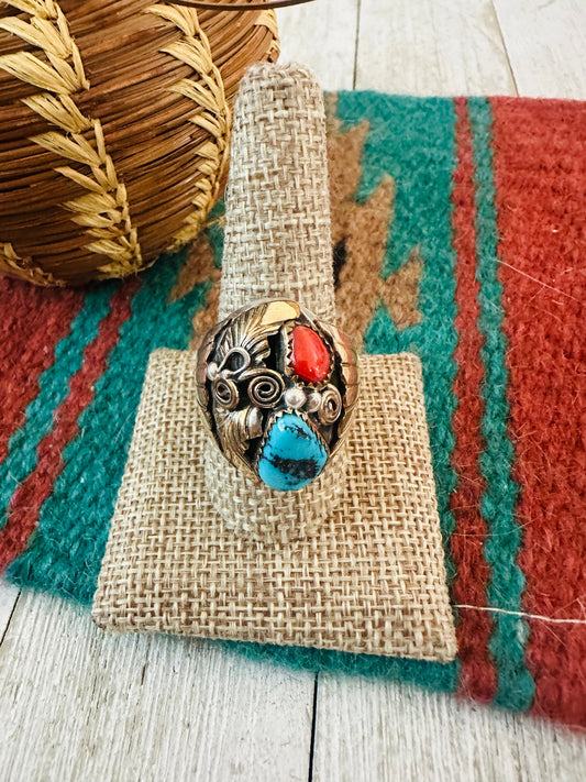 Handcrafted Old Pawn Sterling Silver with Gold Overlay, Turquoise & Coral Ring Size 10.75