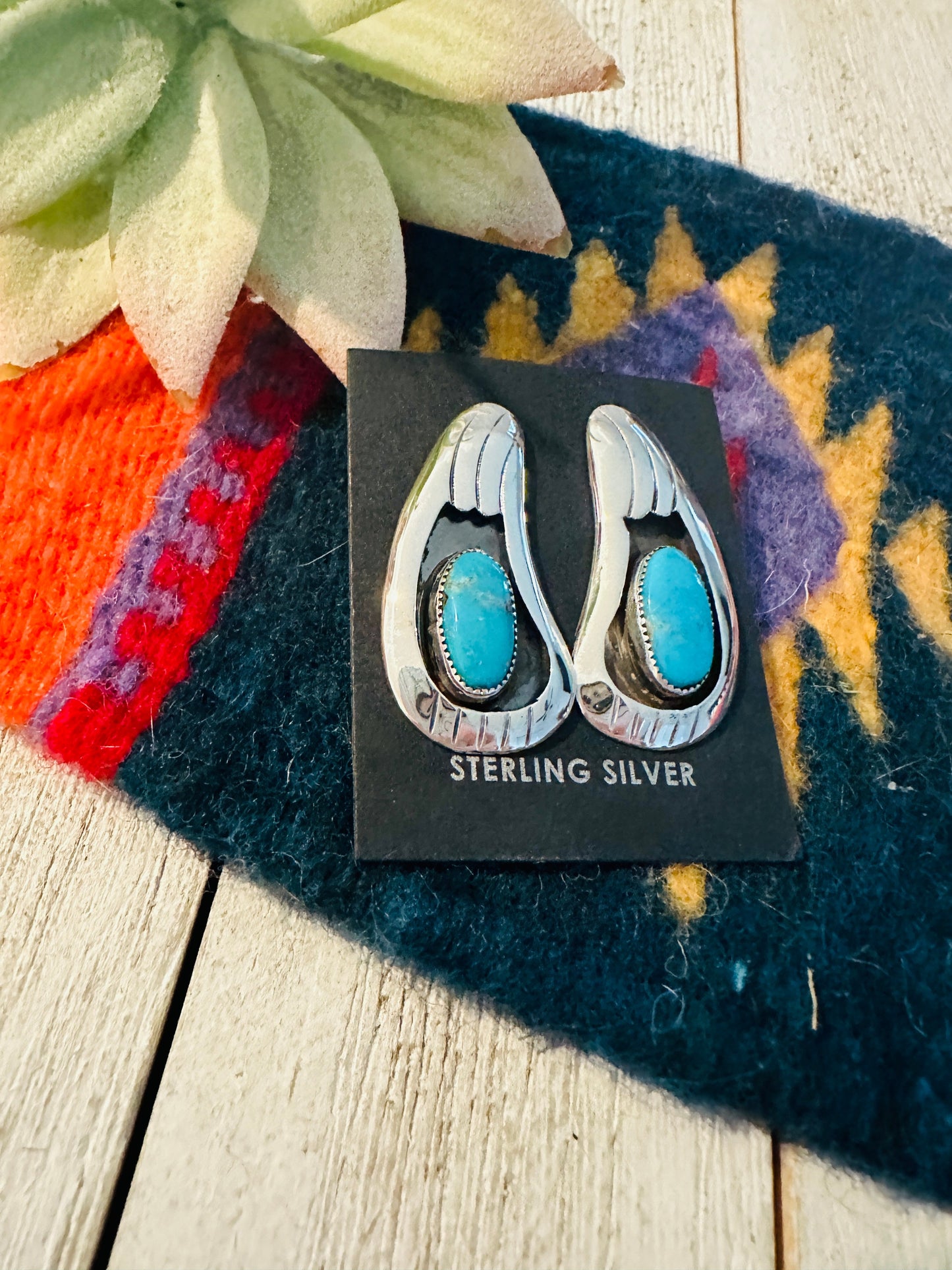 Navajo Kingman Turquoise and Sterling Silver Shadowbox Earrings