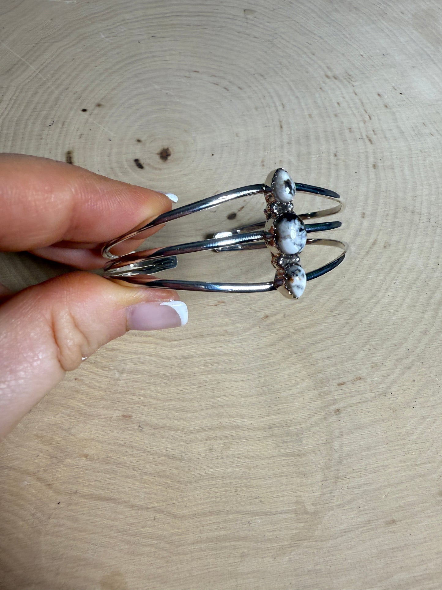 Handmade White Buffalo & Sterling Silver 3 Stone Adjustable Cuff Bracelet