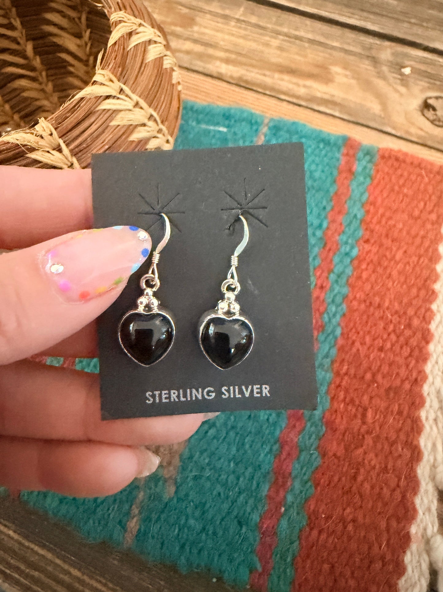 Handcrafted Black Onyx & Sterling Silver Heart Dangle Earrings