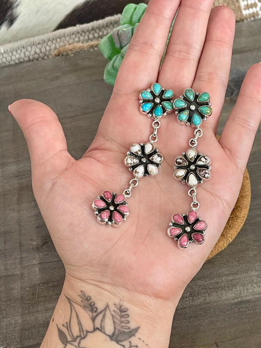 Handmade Sterling Silver, Turquoise & Multi Stone Post Dangle Cluster Earrings