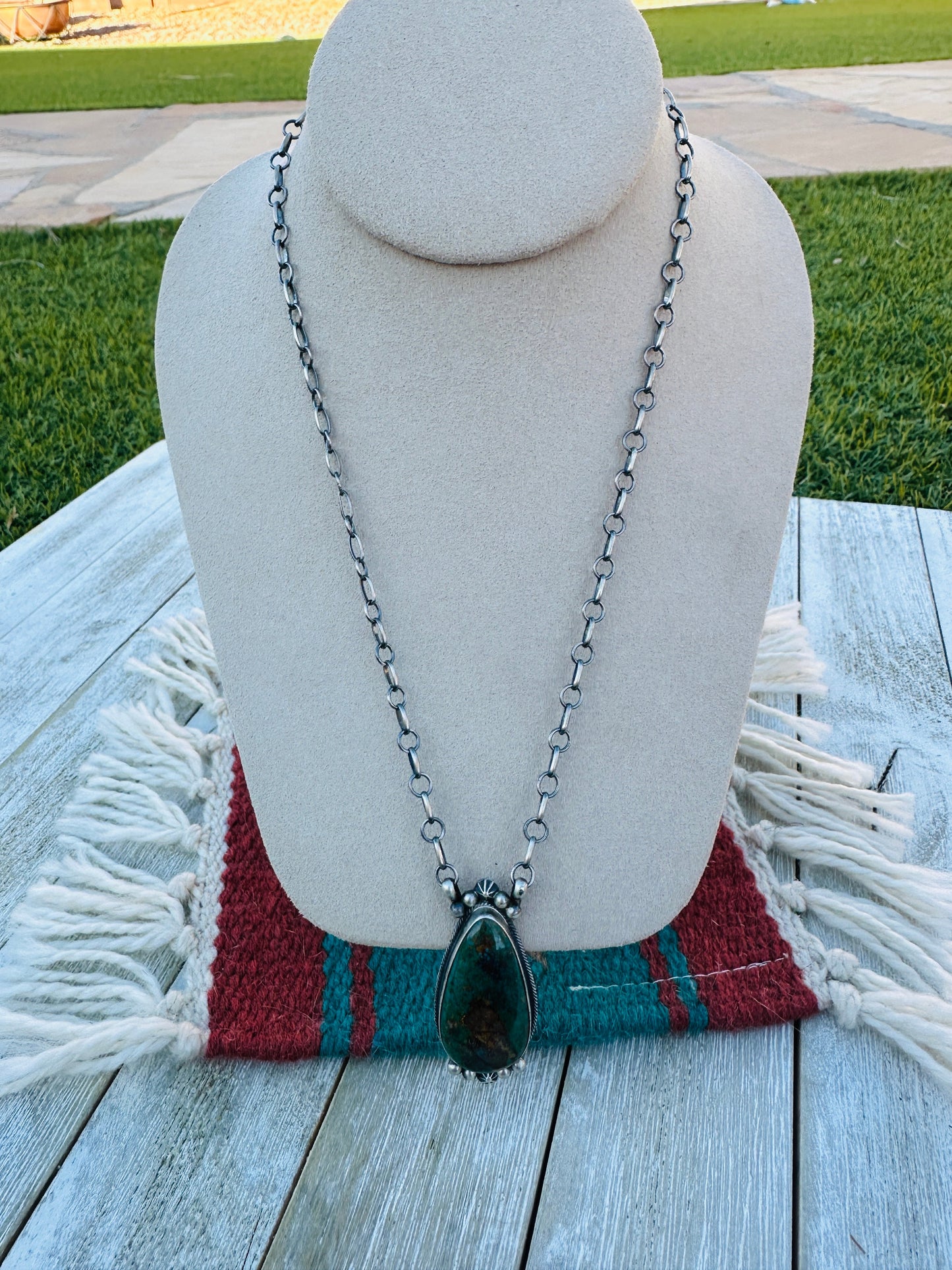 Handcrafted Sterling Silver 18” Link Chain & Royston Turquoise Necklace