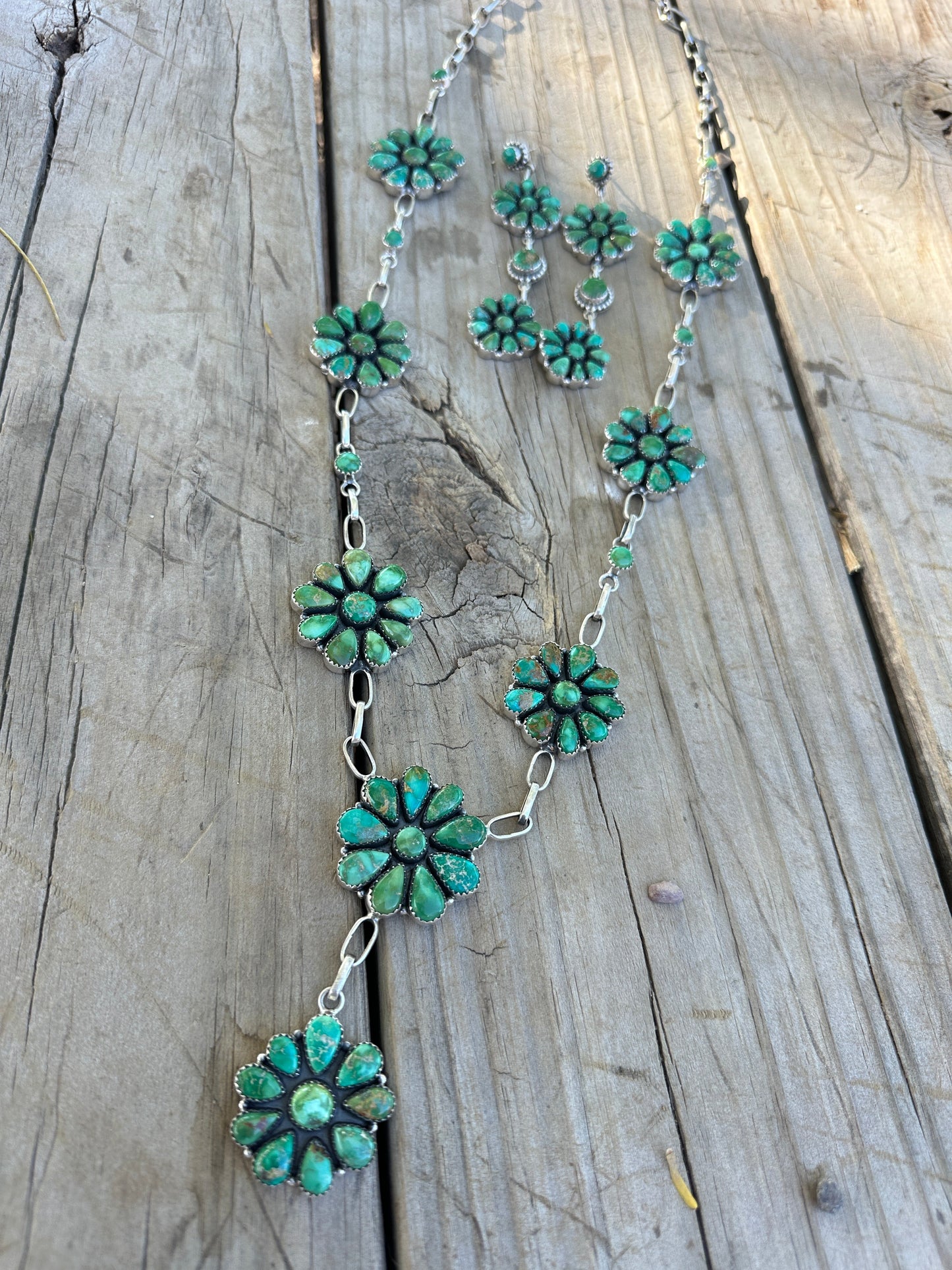 Handmade Sterling Silver Emerald Valley Turquoise Lariat Necklace Earring SET