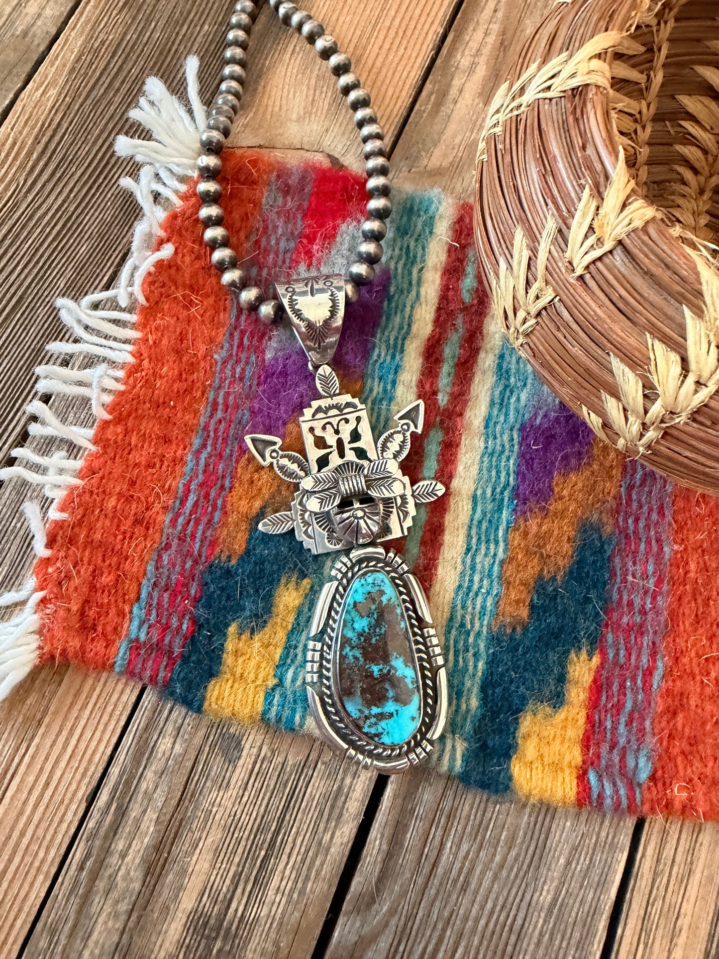 Handcrafted Sterling Silver and Valley Blue Turquoise Kachina Pendant by Freddy Charley