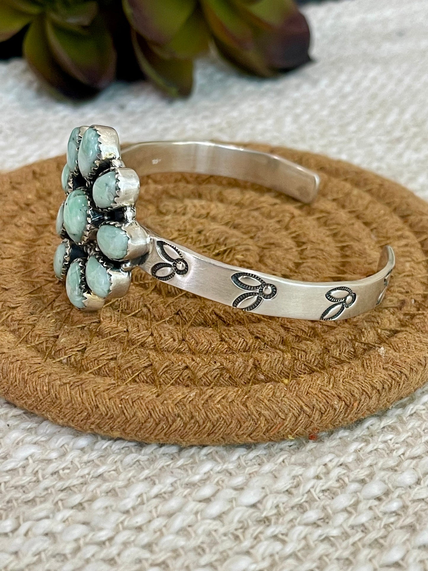 Handmade Sterling Silver, Mint Dahlia Adjustable Flower Cuff Bracelet