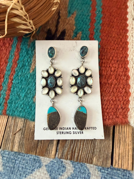 Handcrafted Mother of Pearl, Turquoise & Sterling Silver Dangle Earrings by Jacqueline Silver