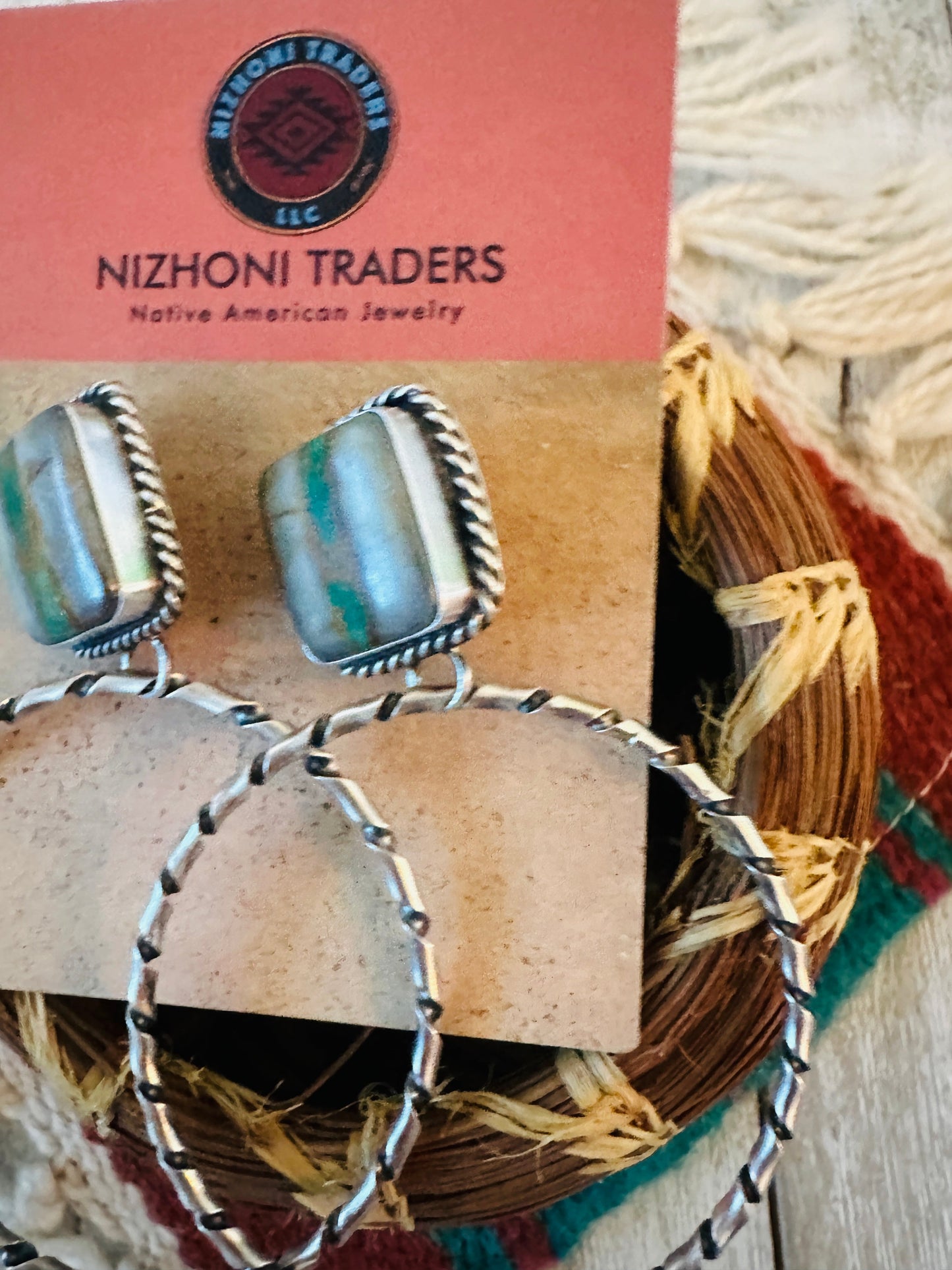 Handcrafted Ribbon Turquoise and Sterling Silver Dangle Hoop Earrings