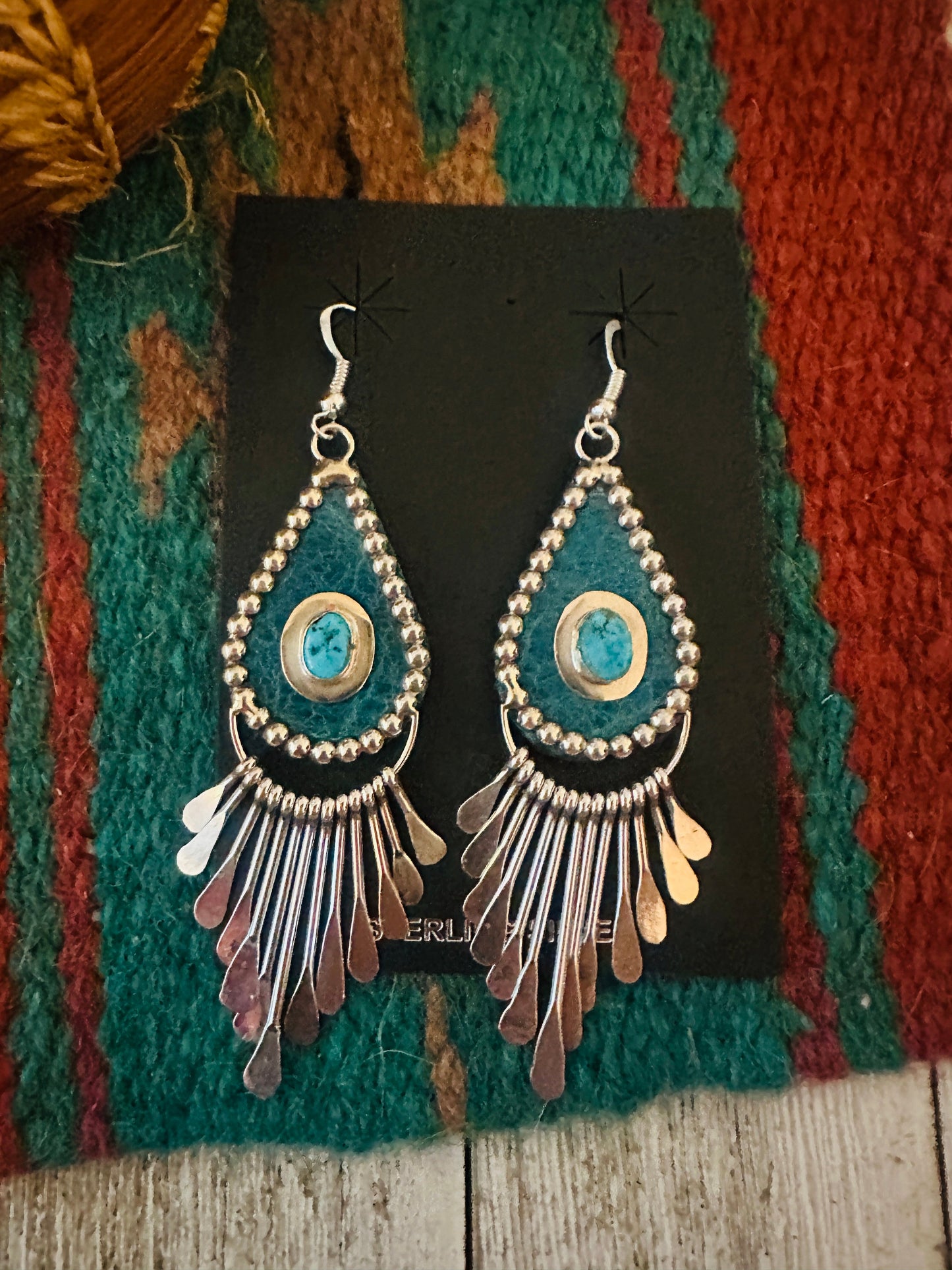 Handcrafted Turquoise & Sterling Silver Leather Chandelier Dangle Earrings