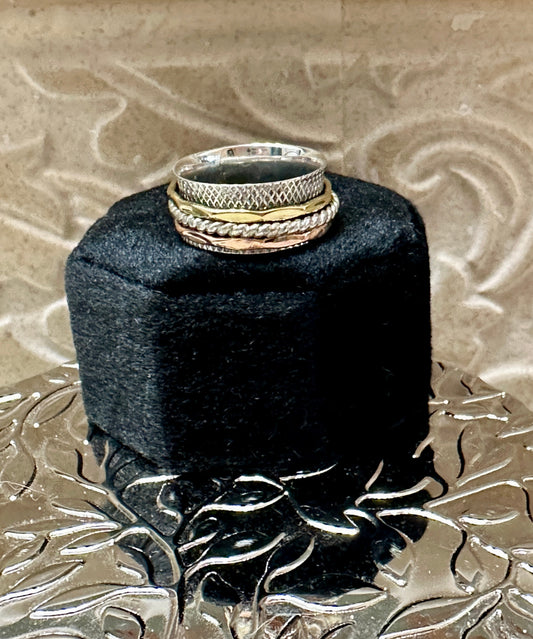 Sterling Silver Copper & Gold Spinner Rope Twist Ring Sz 8