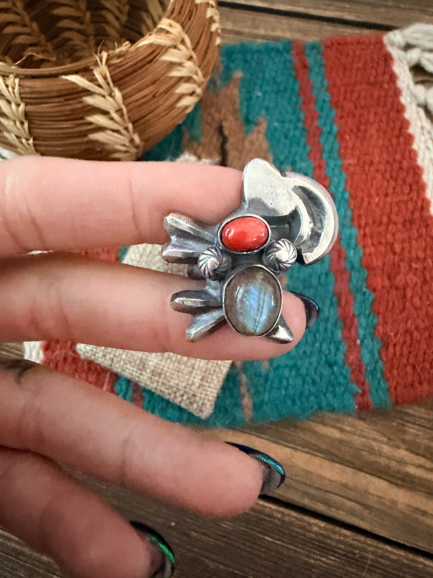Handcrafted Coral, Moonstone and Sterling Silver Goat Ring size 6 by Chimney Butte
