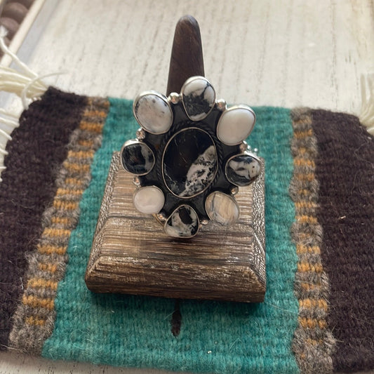 Handcrafted Sterling Silver & White Buffalo Large Adjustable Ring Signed