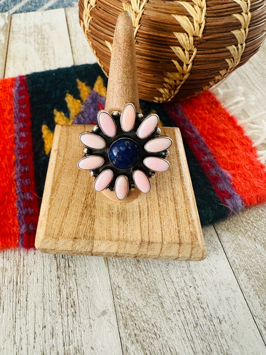Handcrafted Sterling Silver, Queen Pink Conch Shell & Lapis Cluster Ring