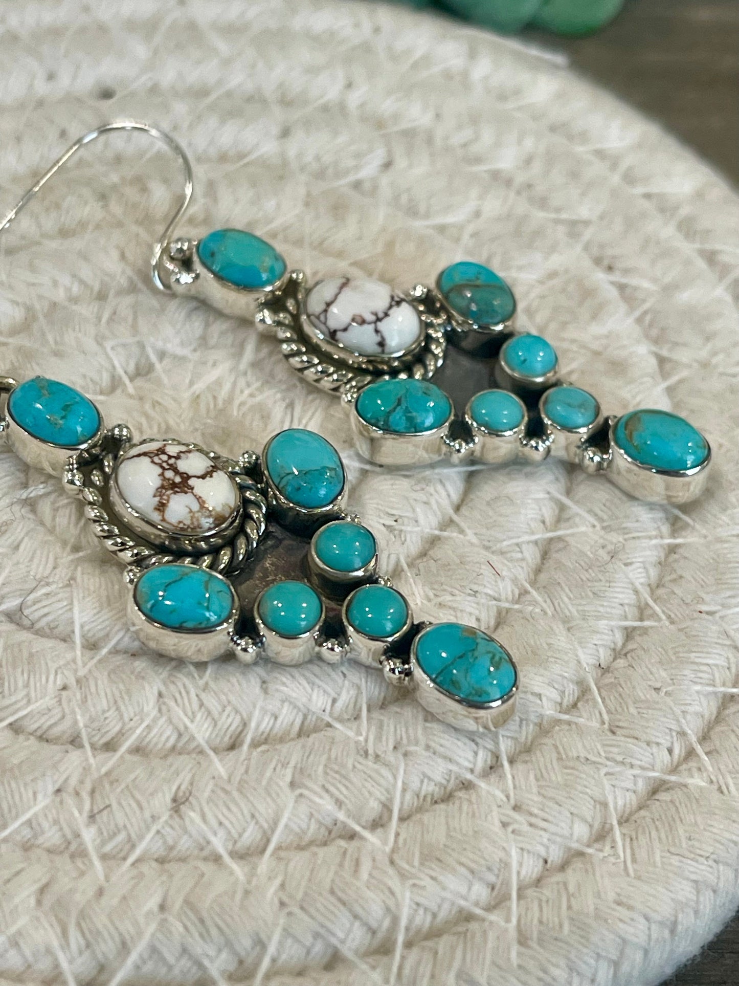 Handmade Turquoise, Wild Horse And Sterling Silver Cluster Dangle Earrings