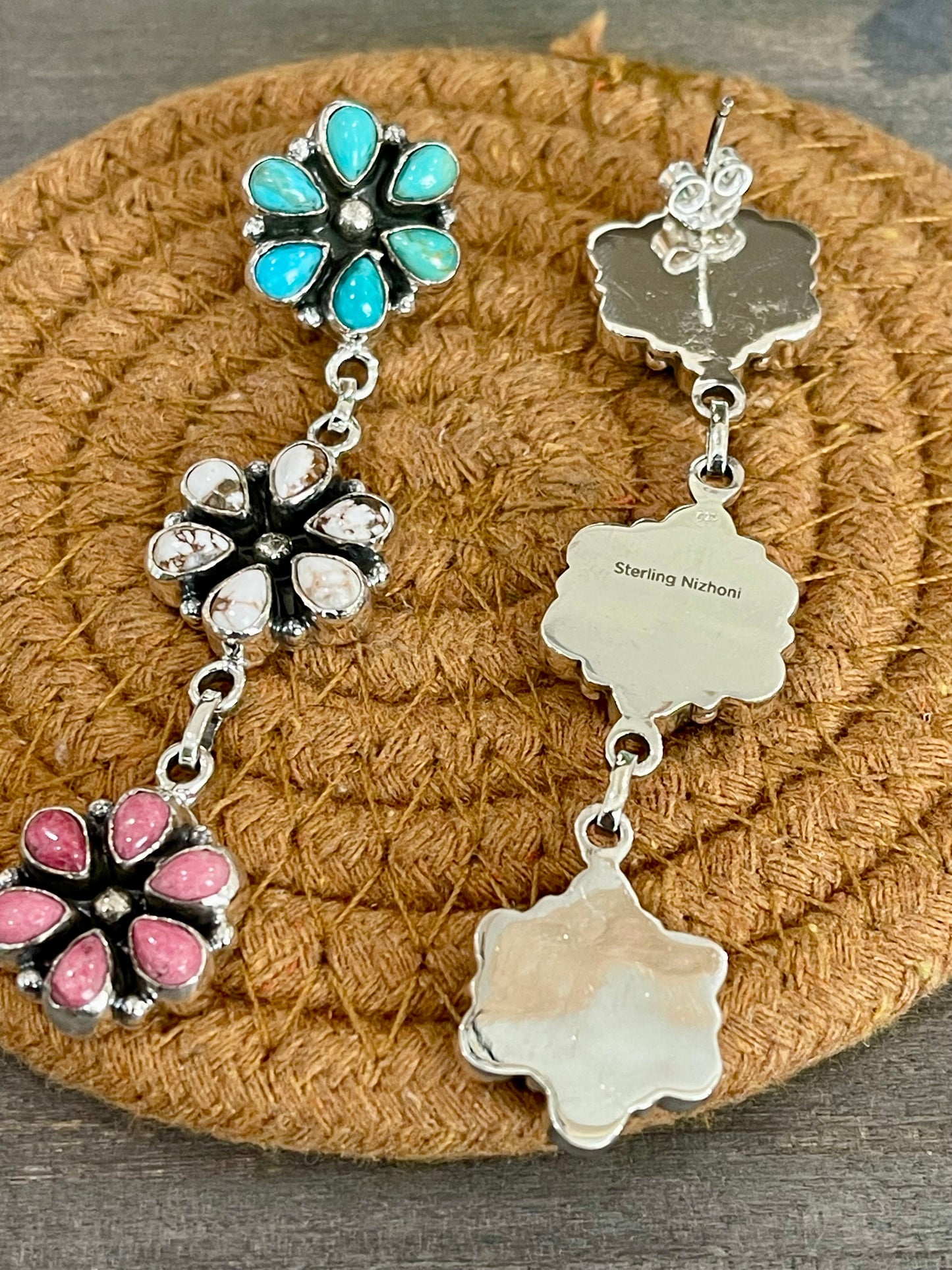 Handmade Sterling Silver, Turquoise & Multi Stone Post Dangle Cluster Earrings