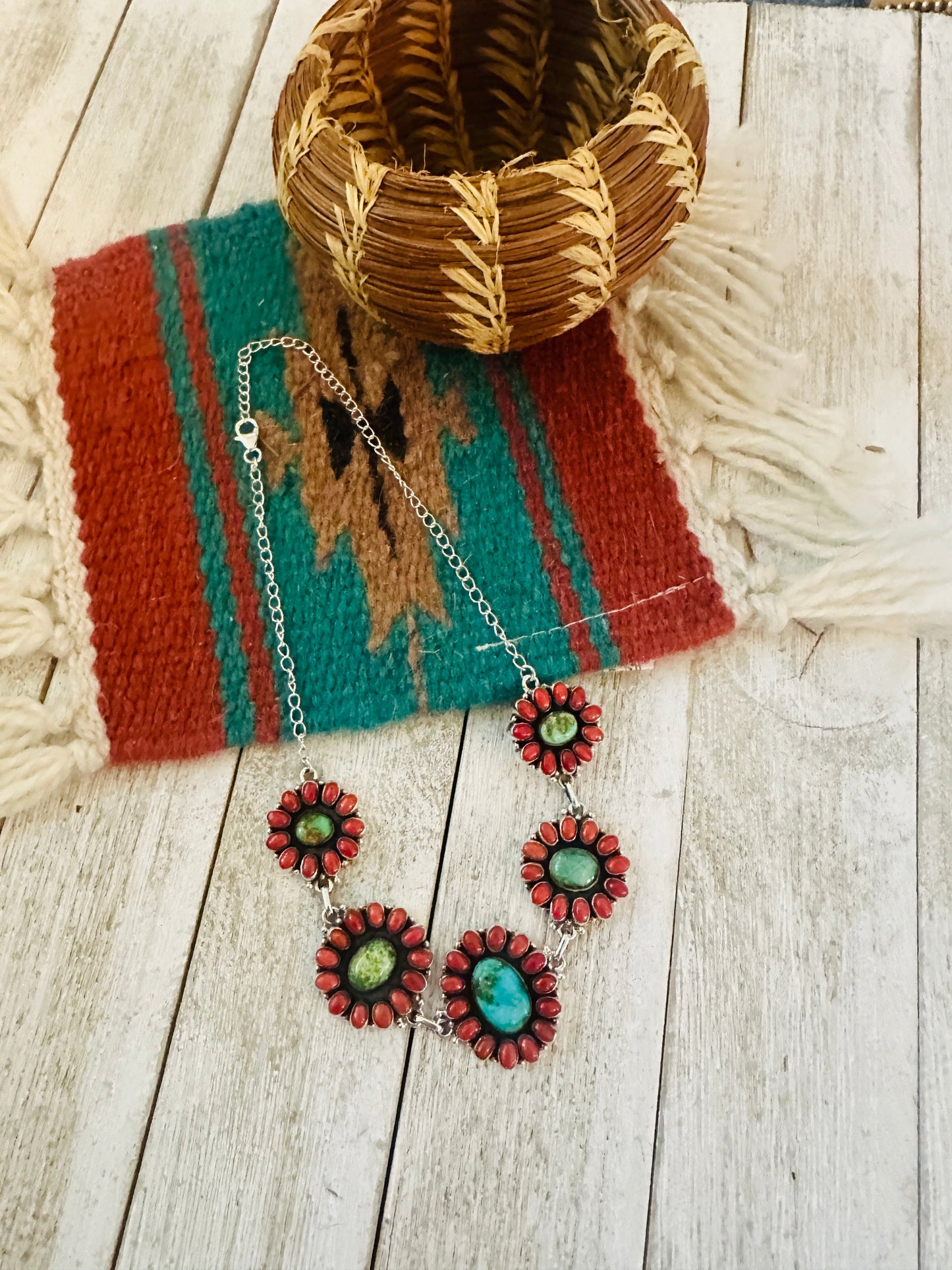 ** Christmas Collection ** Handmade Sterling Silver, Sonoran Mountain Turquoise & Coral Necklace Signed Nizhoni