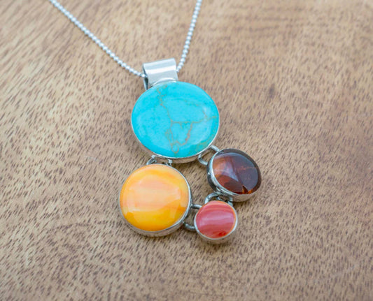 Turquoise & Spiny Circles Sterling Silver Pendant Necklace