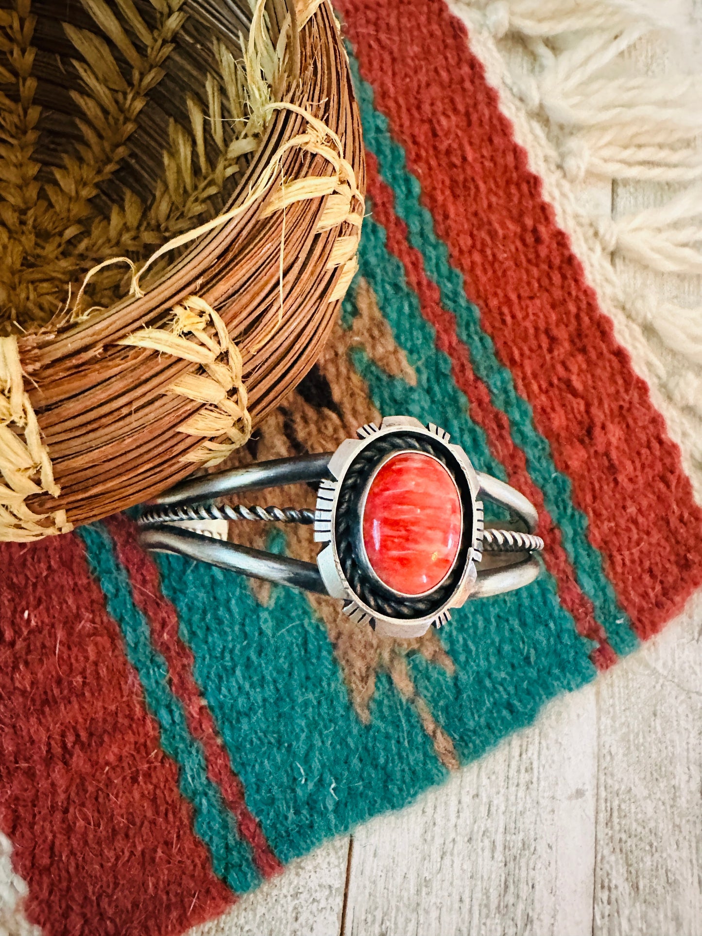 Handcrafted Sterling Silver & Red Spiny Cuff Bracelet by Eli Skeets
