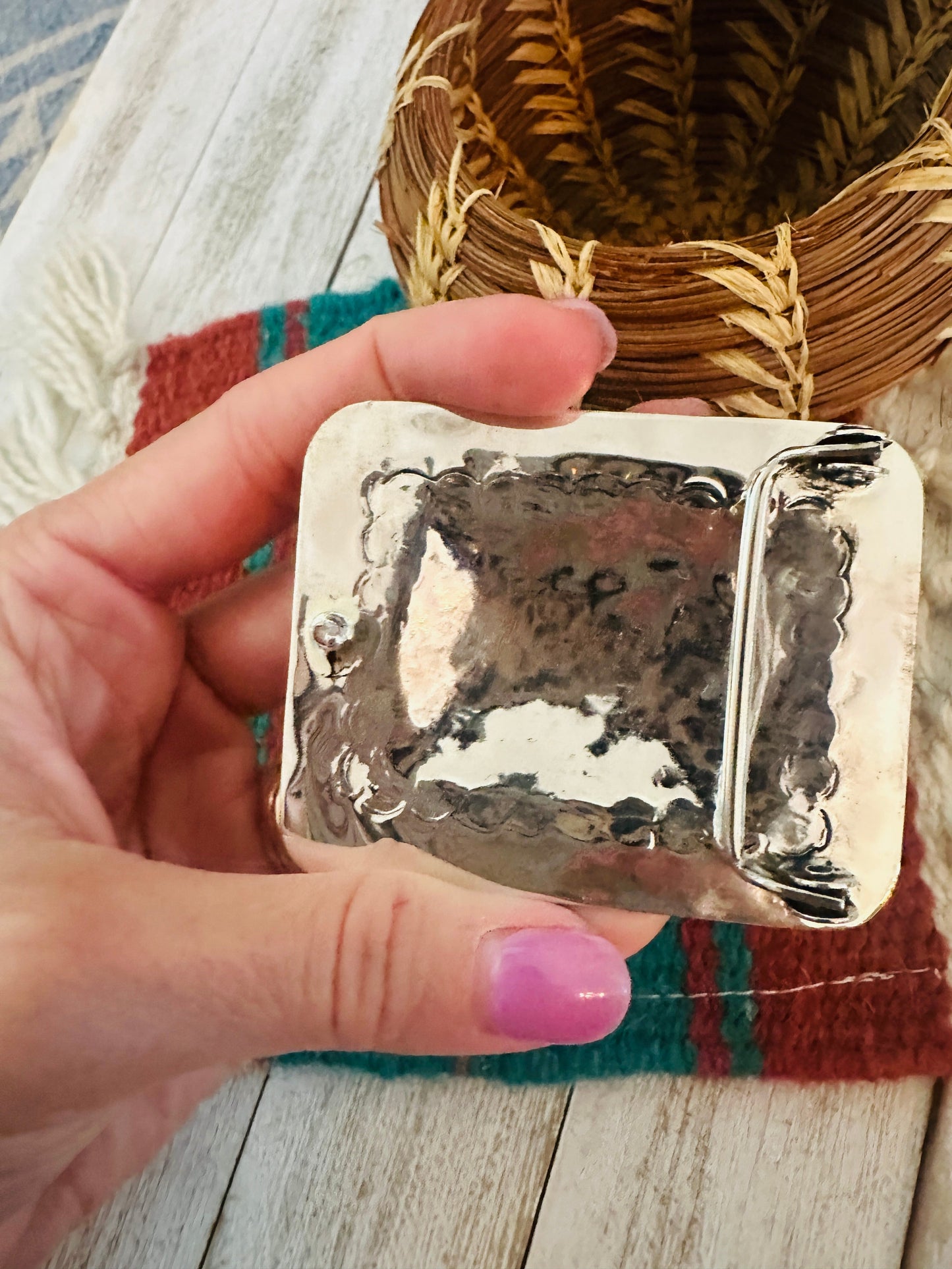 Handcrafted Turquoise & Hand Stamped Sterling Silver Belt Buckle