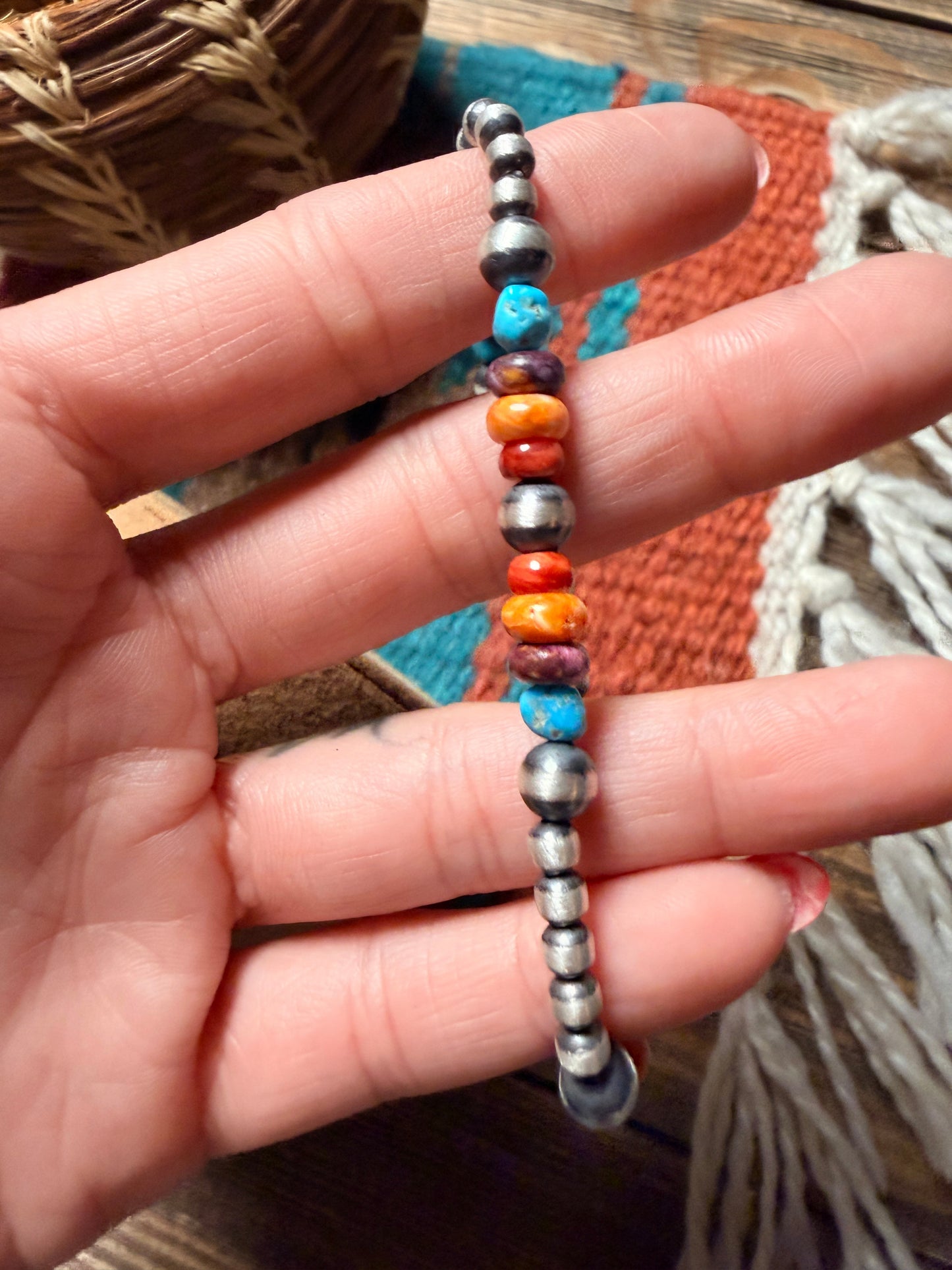 Handcrafted Spiny Oyster, Turquoise & Sterling Silver Beaded Stretch Bracelet