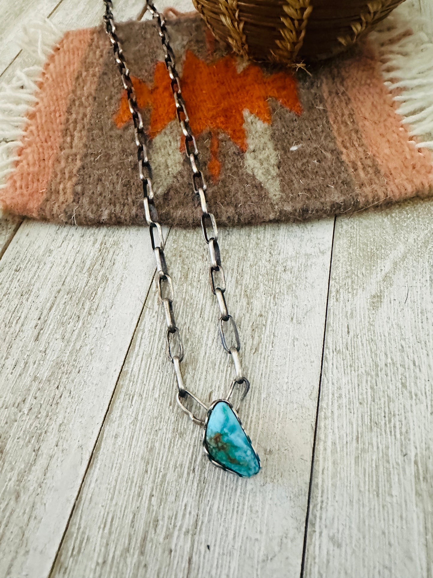 Handcrafted Turquoise & Sterling Silver Paper Clip Chain Necklace