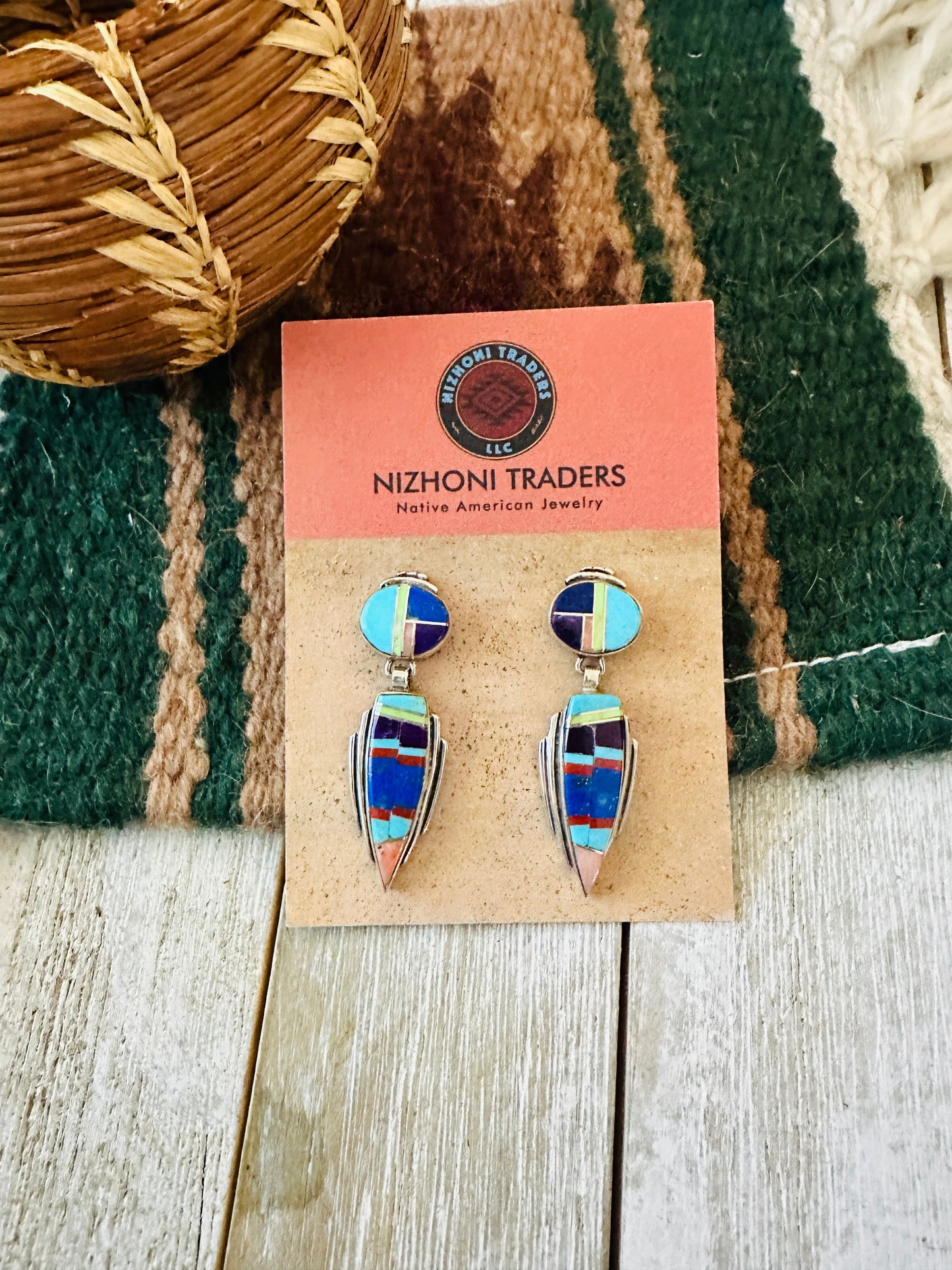 Old Pawn Handcrafted Sterling Silver & Multi Stone Inlay Dangle Earrings