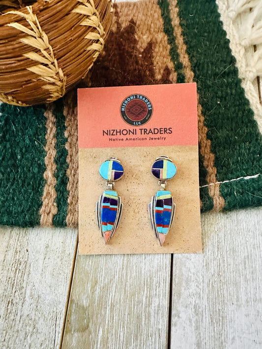 Old Pawn Handcrafted Sterling Silver & Multi Stone Inlay Dangle Earrings