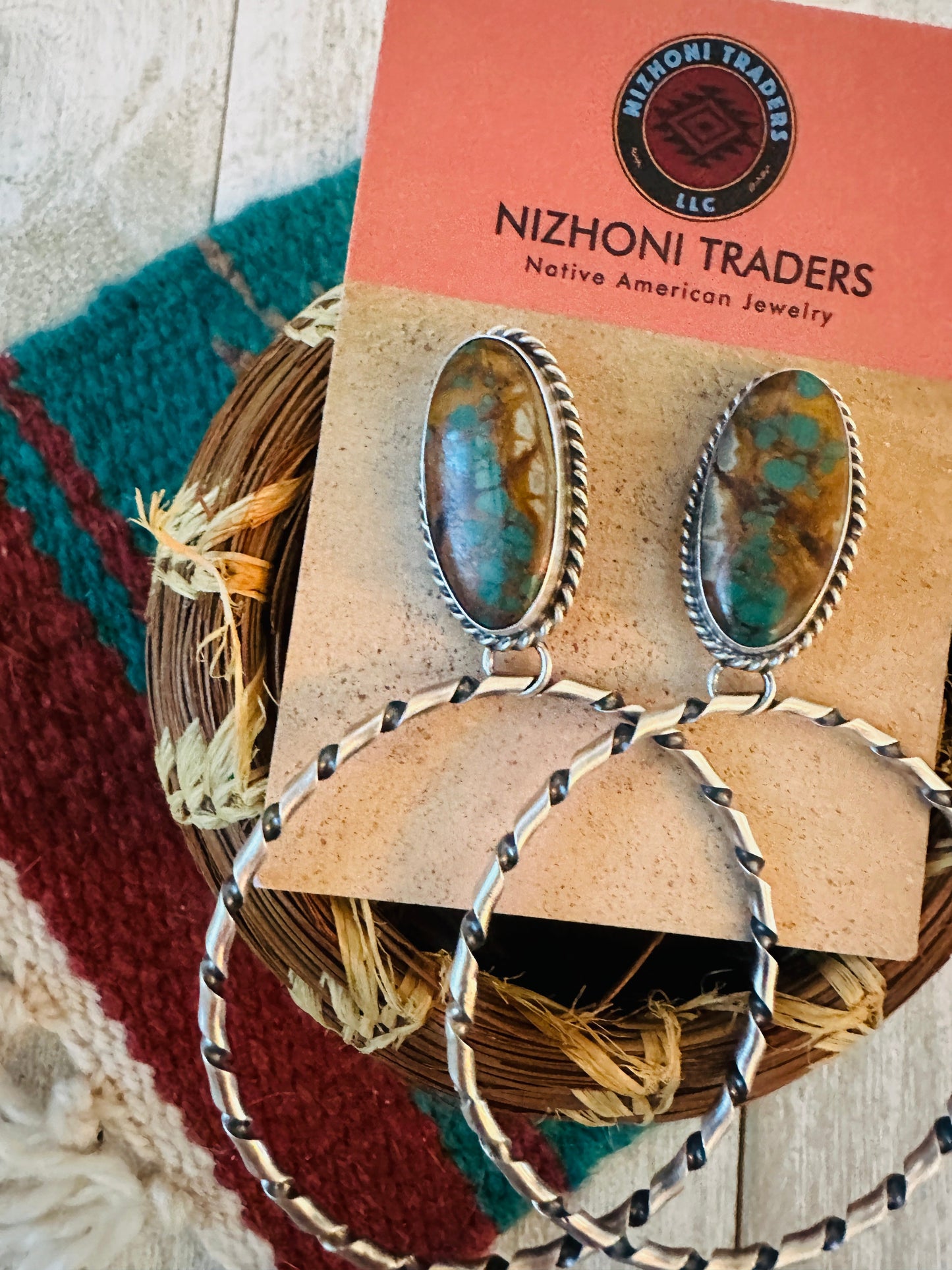 Handcrafted Ribbon Turquoise and Sterling Silver Dangle Hoop Earrings