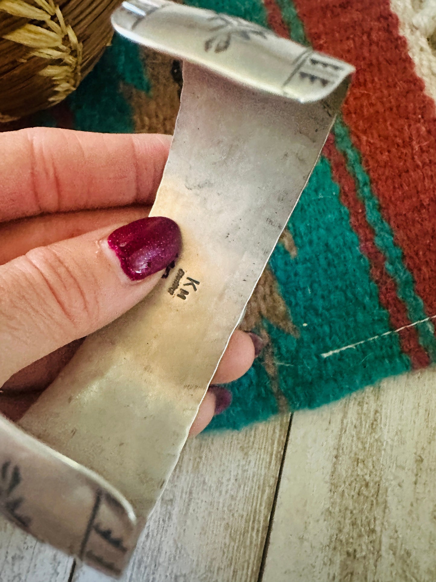 Handcrafted Hand Stamped Sterling Silver & Turquoise Cuff Bracelet