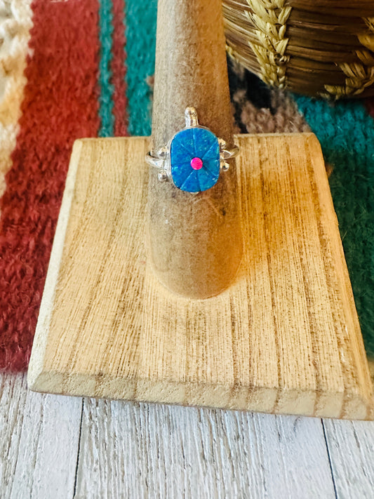 Handcrafted Sterling Silver & Blue and Pink Opal Turtle Ring Size 6.5