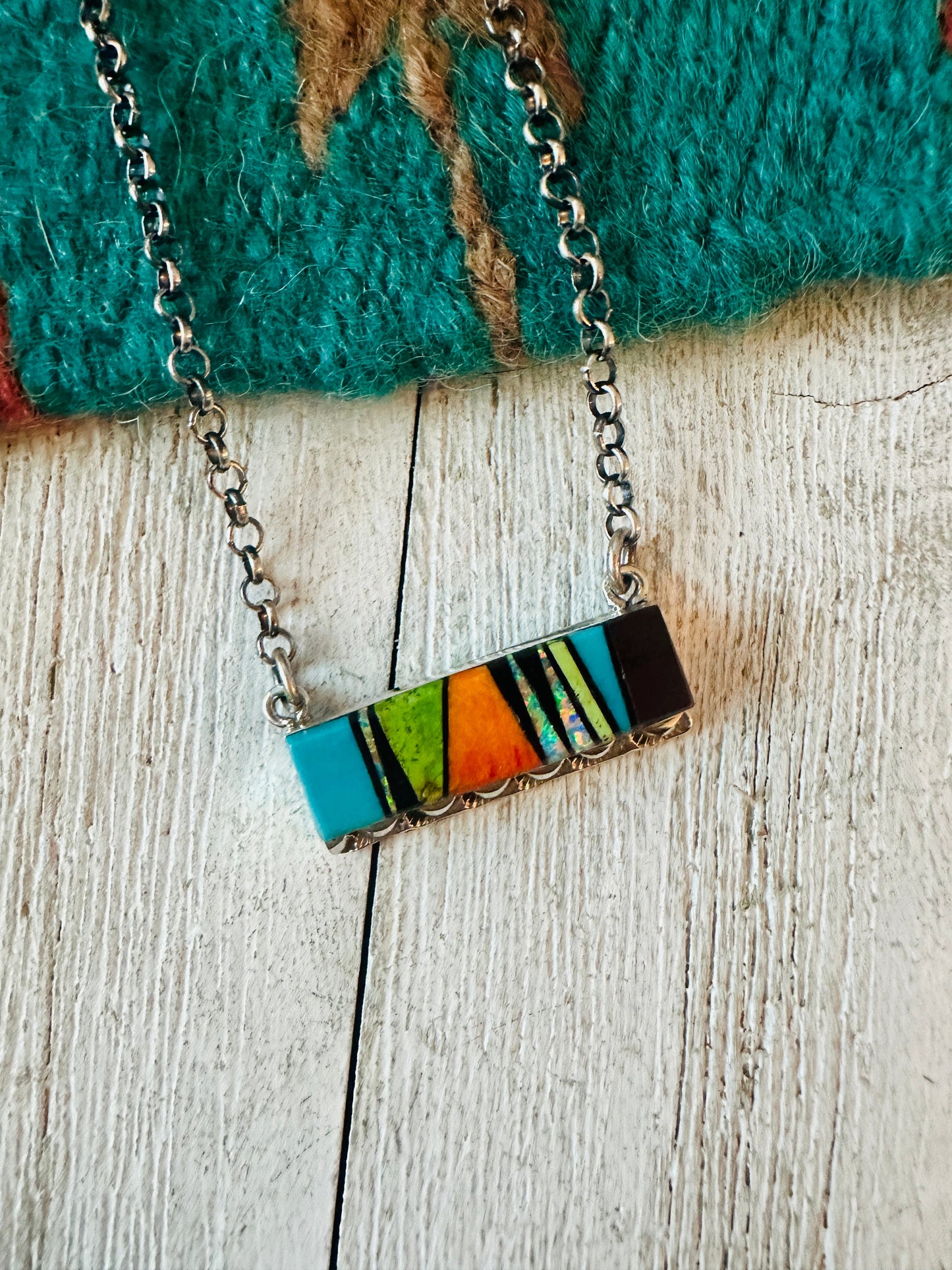 Handcrafted Multi Stone & Sterling Silver Inlay Bar Necklace