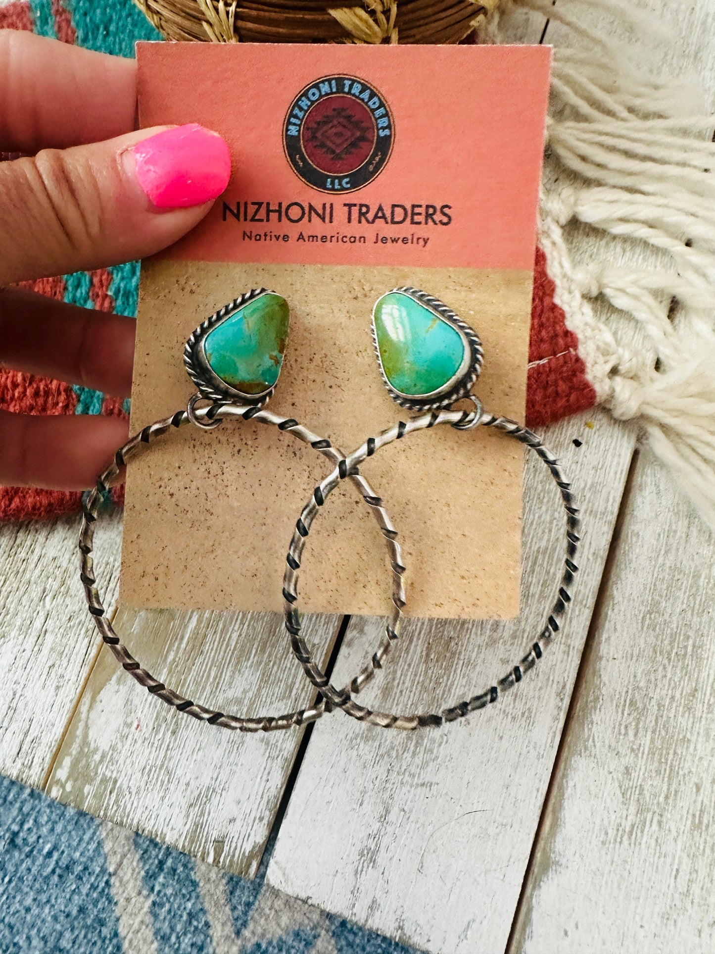 Handcrafted Turquoise and Sterling Silver Dangle Hoop Earrings