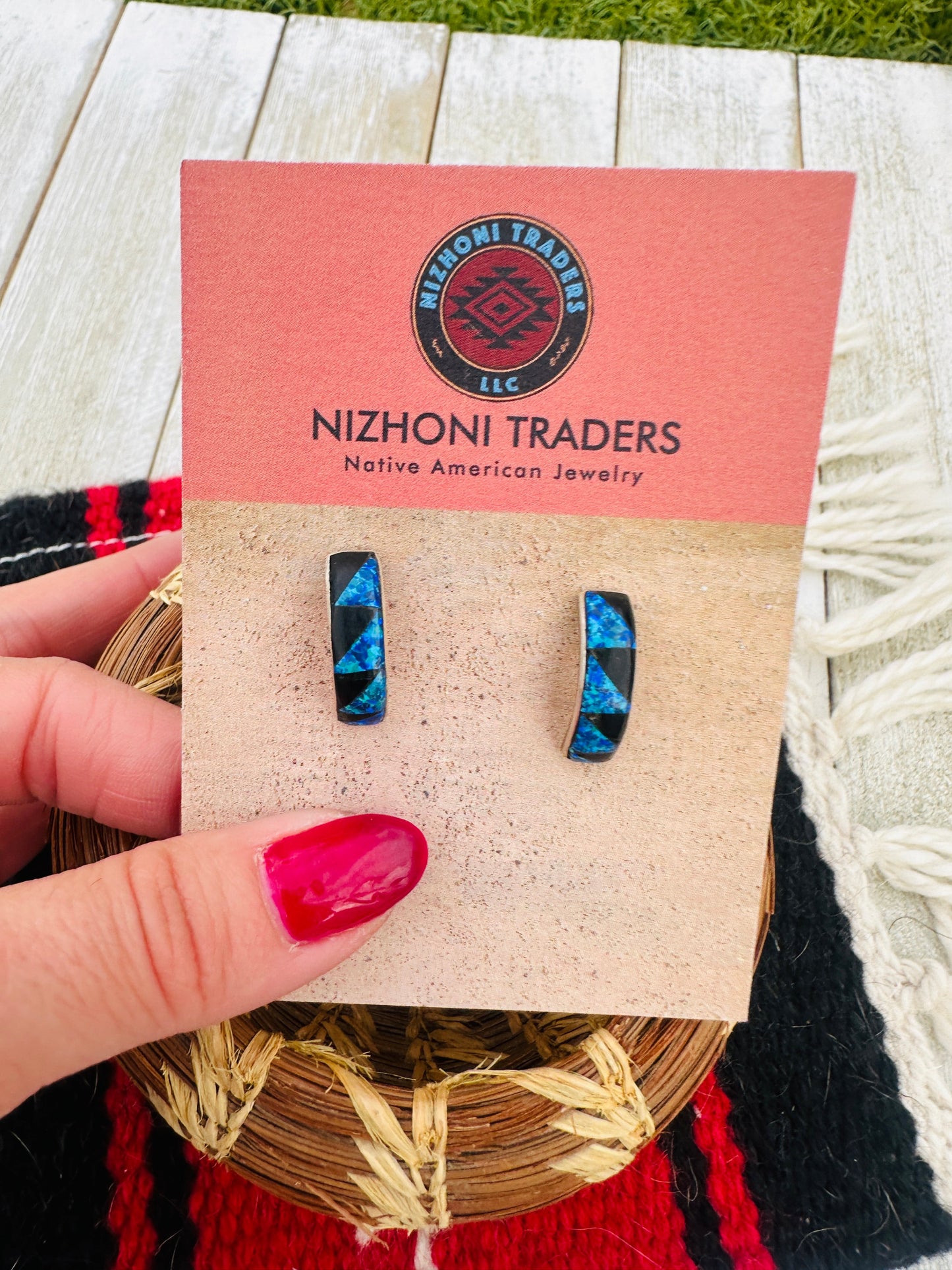 Handcrafted Opal, Onyx & Sterling Silver Inlay Hoop Earrings