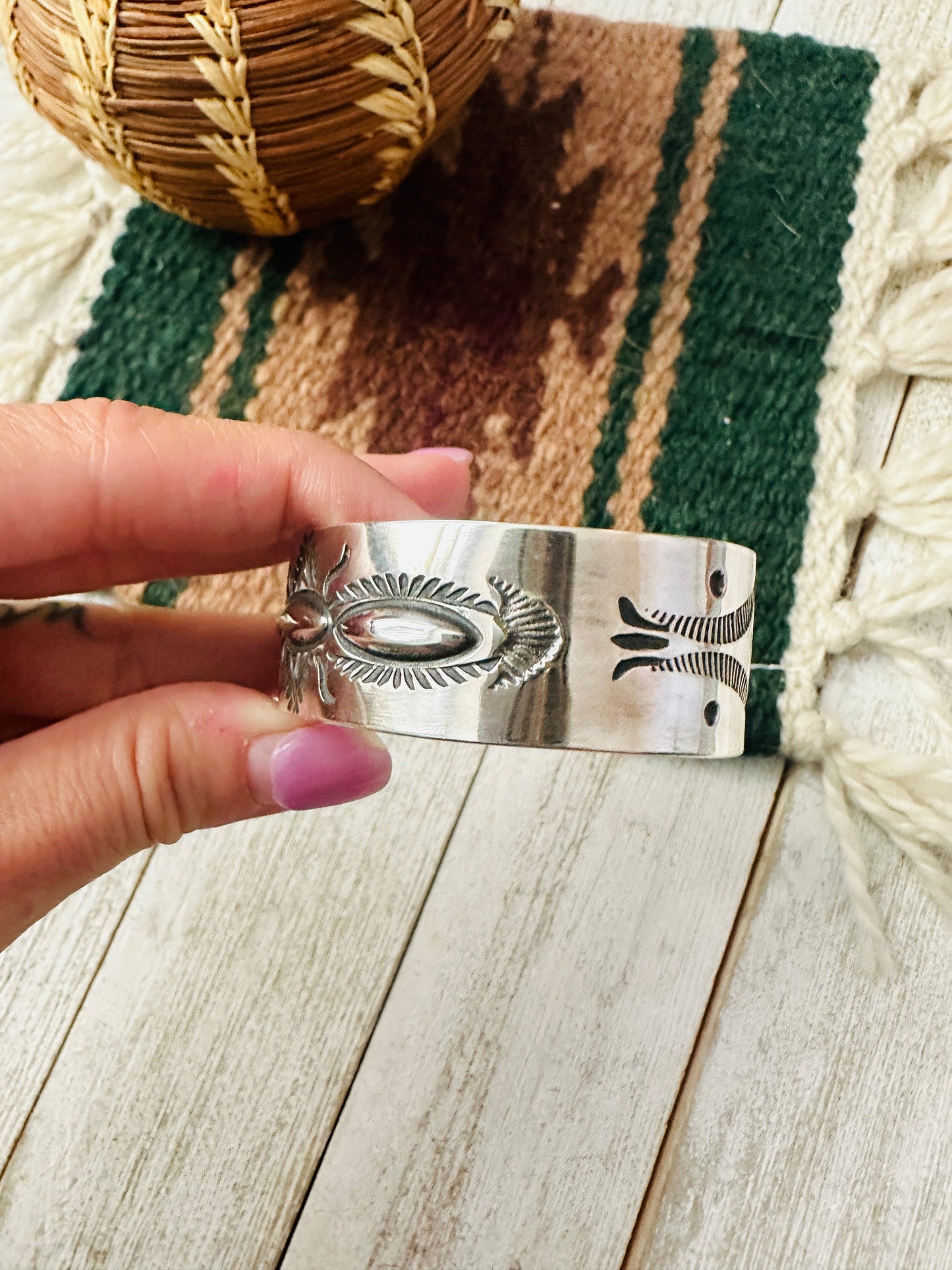 Handcrafted Stamped Sterling Silver Cuff Bracelet By Elvira Bill