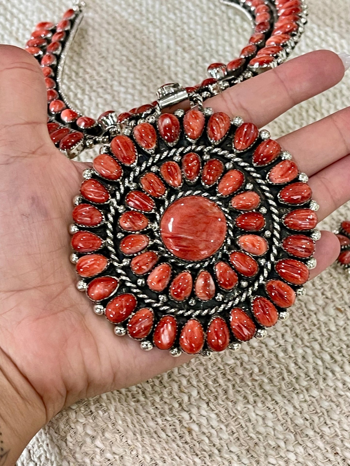 Beautiful Handmade Sterling Silver & Red Spiny Cluster Necklace And Earring Set