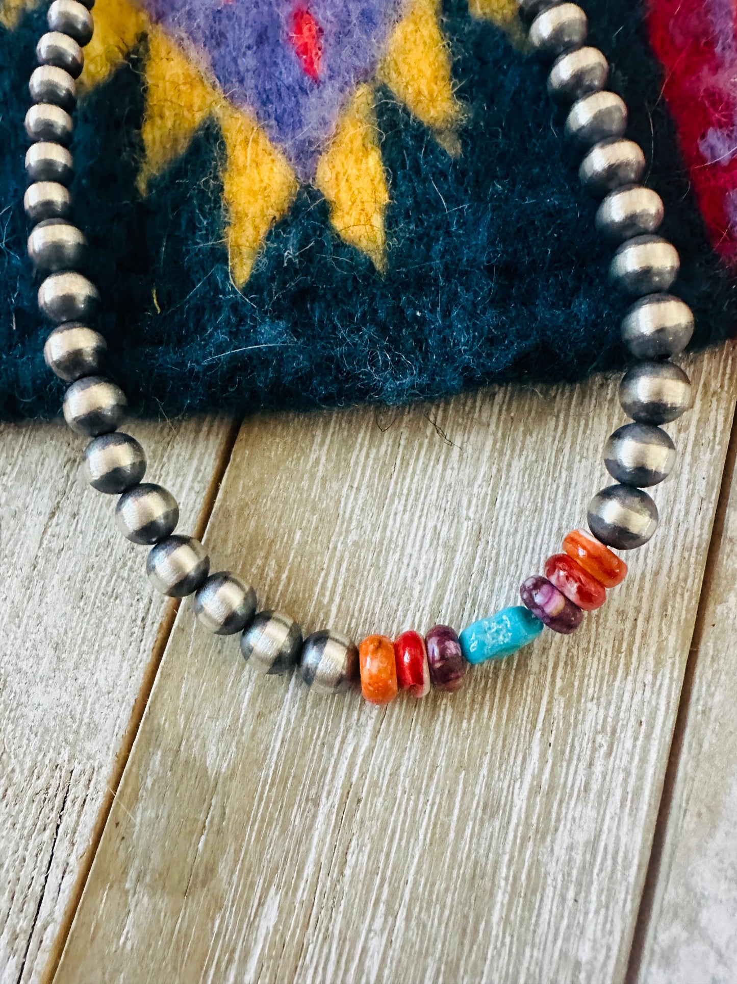 Handcrafted Sterling Silver, Spiny & Turquoise Beaded 14” Necklace