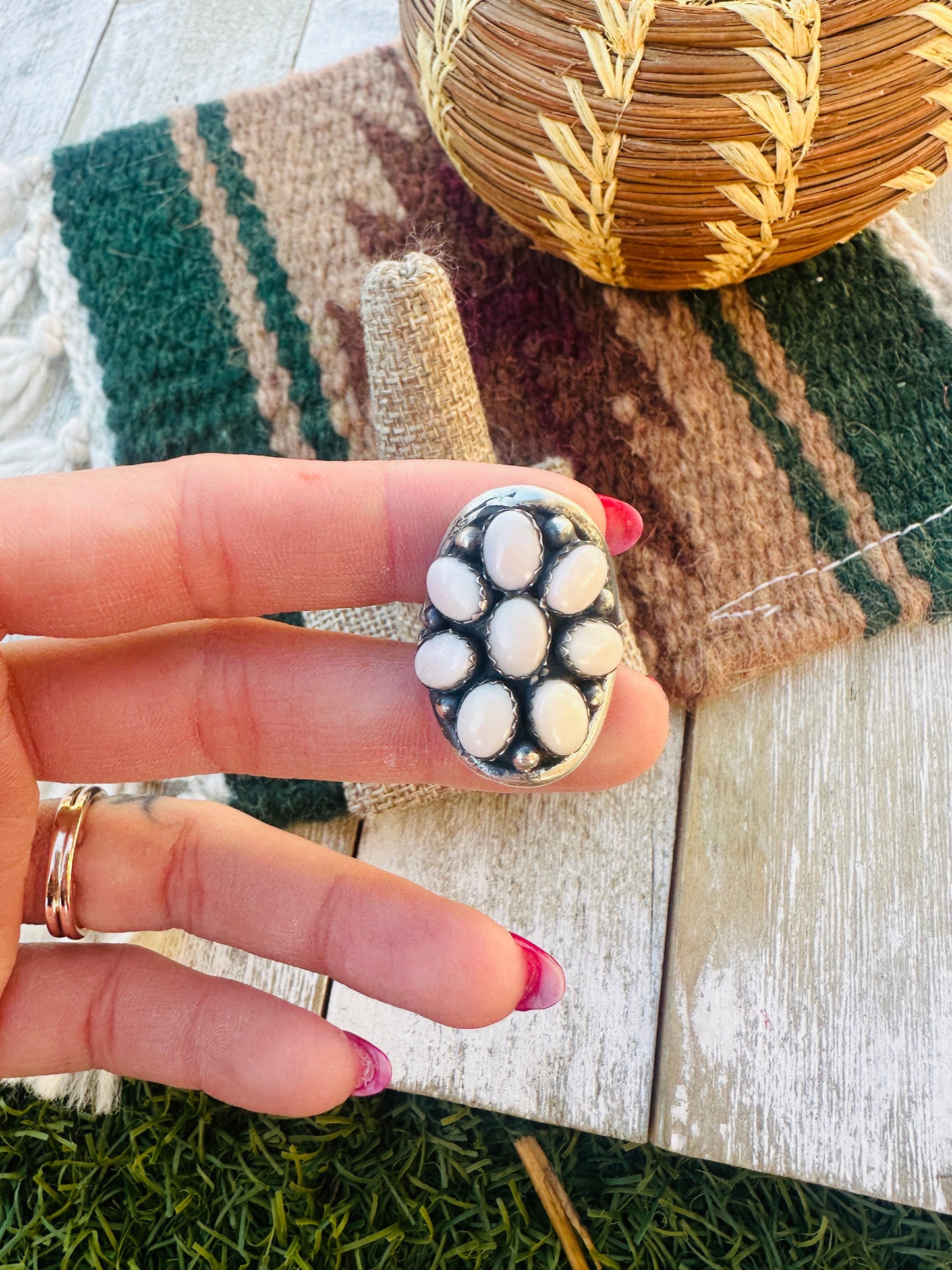 Handcrafted Queen Pink Conch & Sterling Silver Cluster Ring Size 7.5