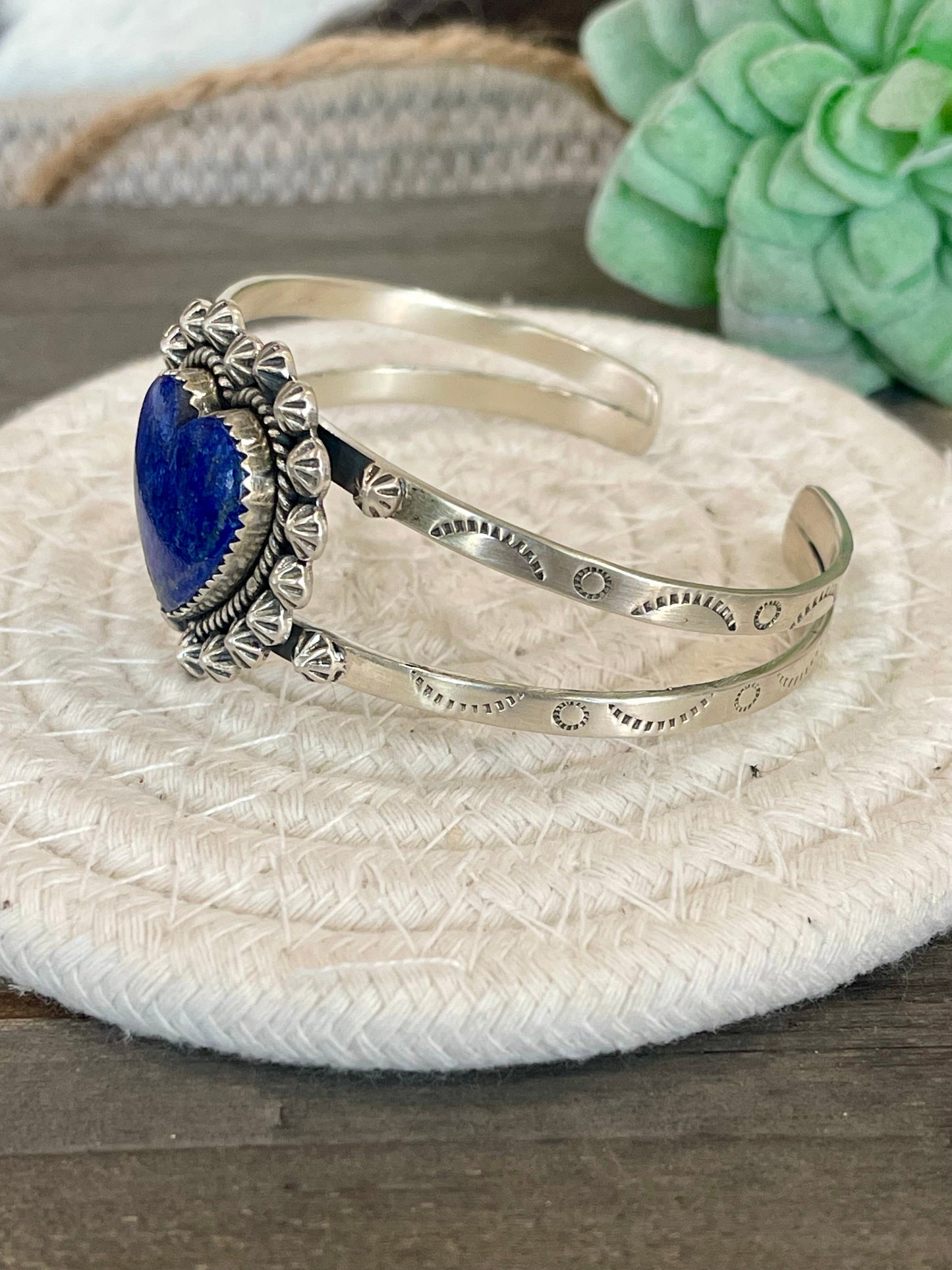Handmade Lapis & Sterling Silver Heart Cuff Bracelet