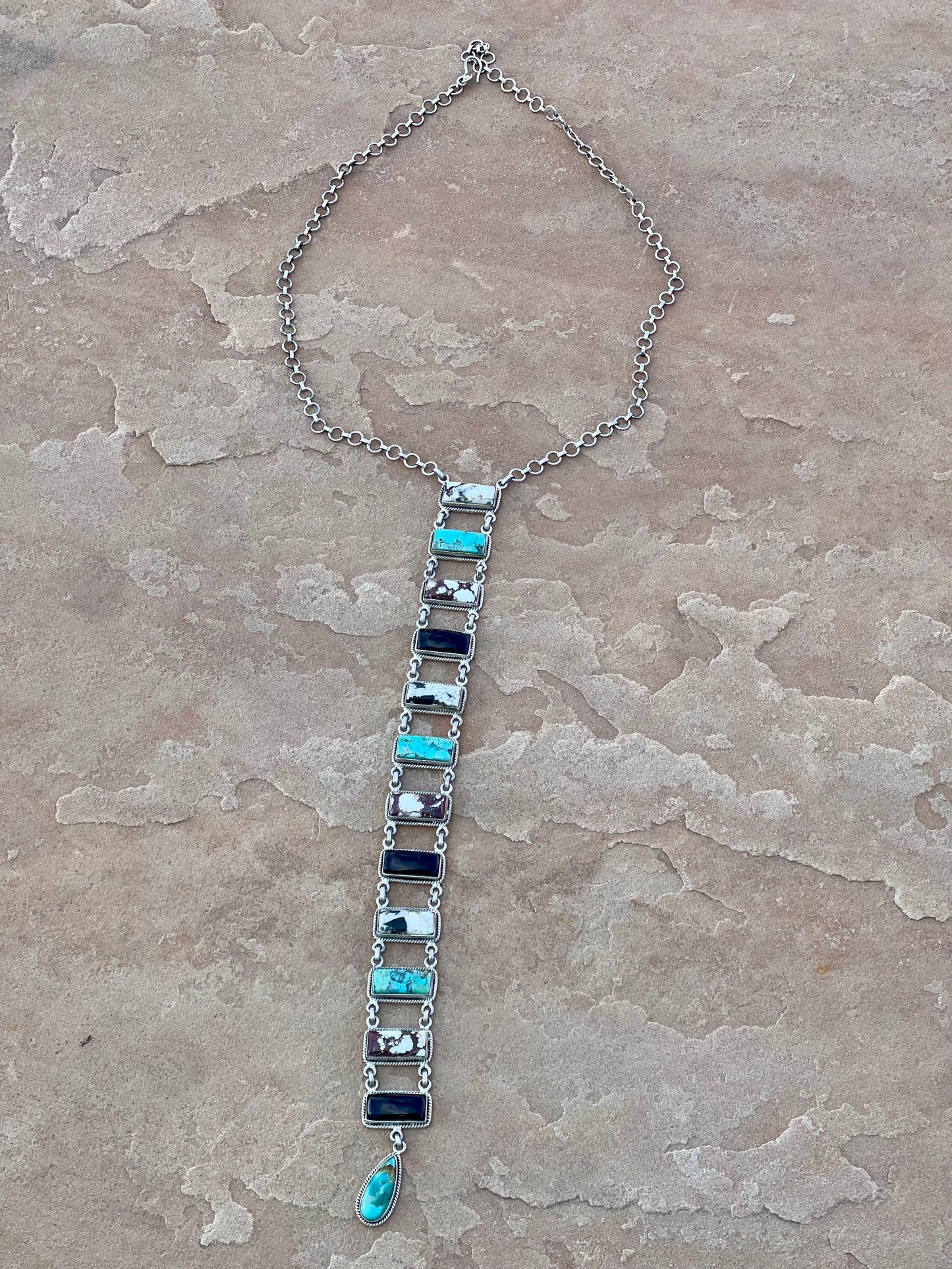 Handmade Sterling Silver, Multi Stone & Turquoise Drop Necklace