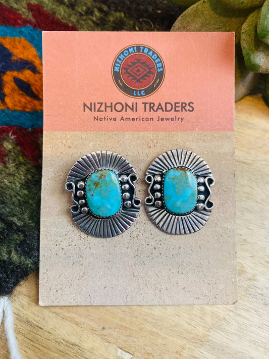 Handcrafted Sterling Silver & Royston Turquoise Post Earrings Signed