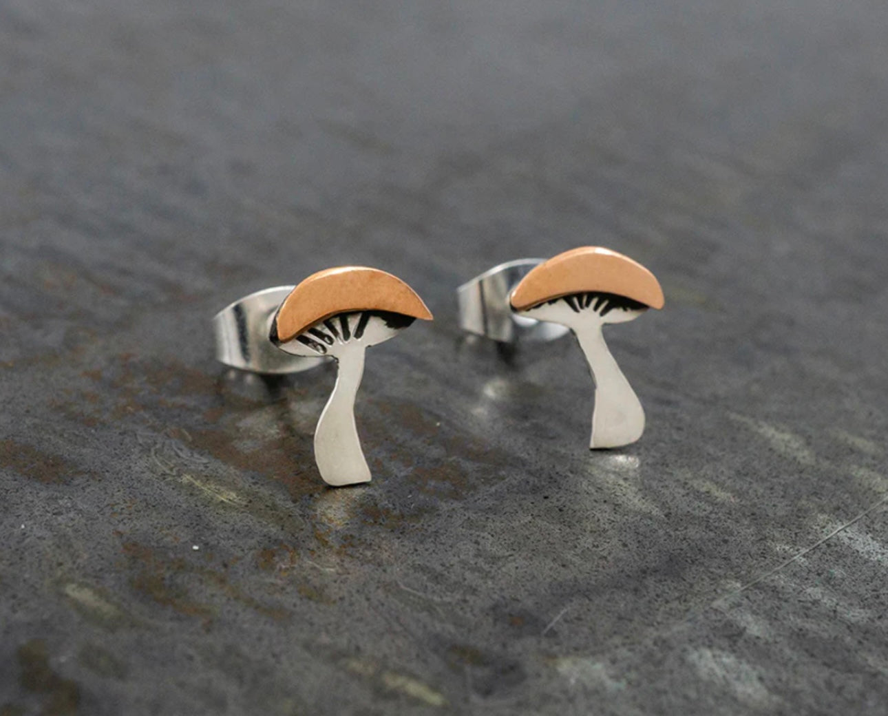 Sterling Silver & Copper Mushroom Earrings on Post