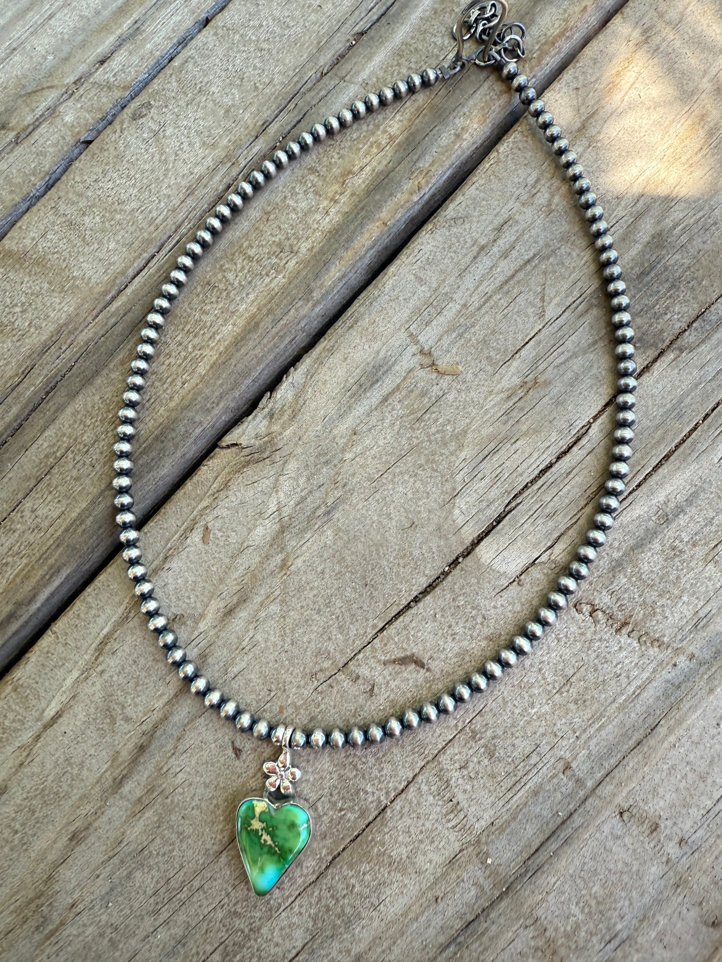 Handmade Sterling Silver Sonoran Mountain Turquoise Beaded Heart Necklace