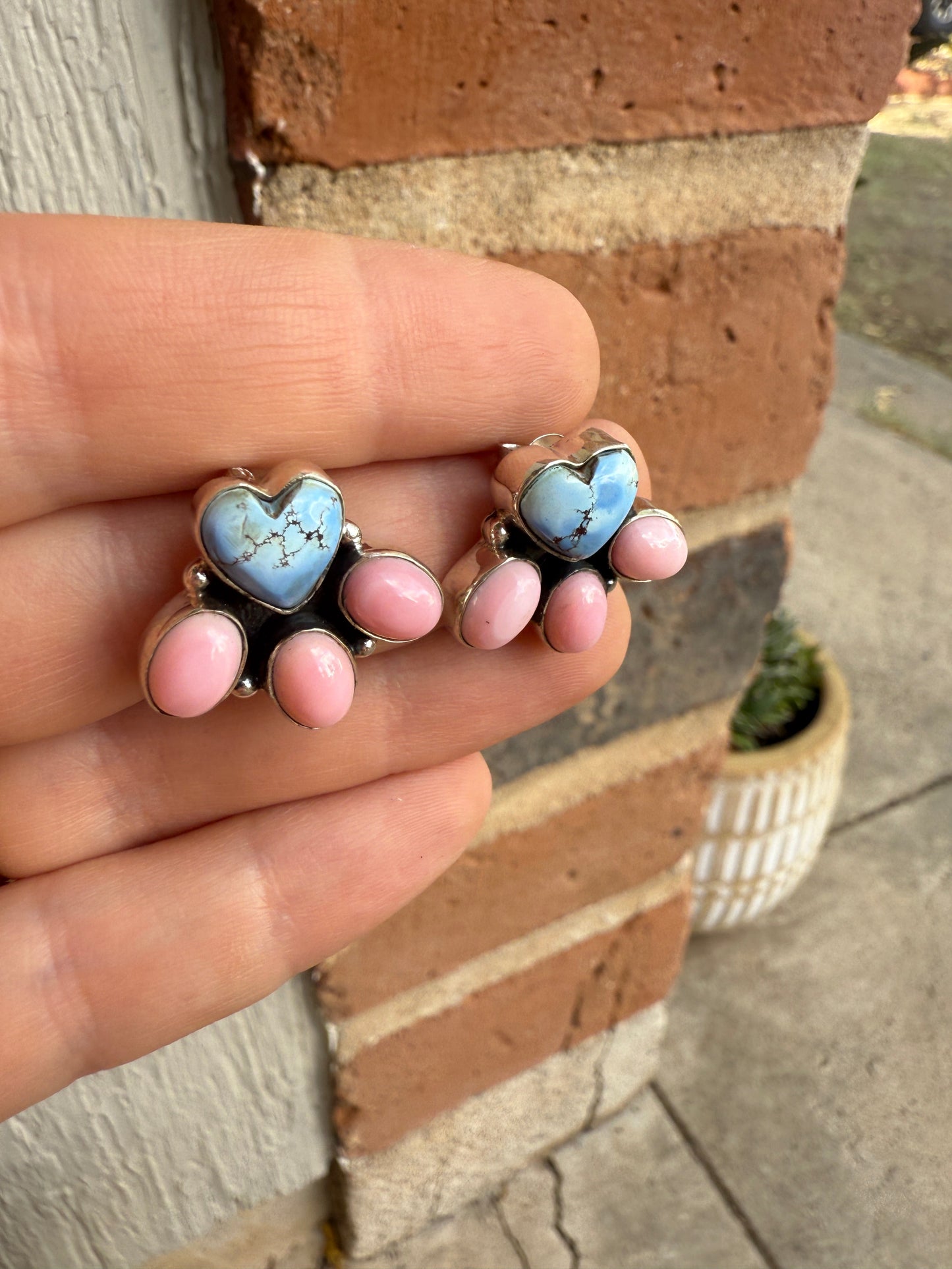 Handmade Natural Golden Hills Turquoise, Pink Conch and Sterling Silver Earring style 1