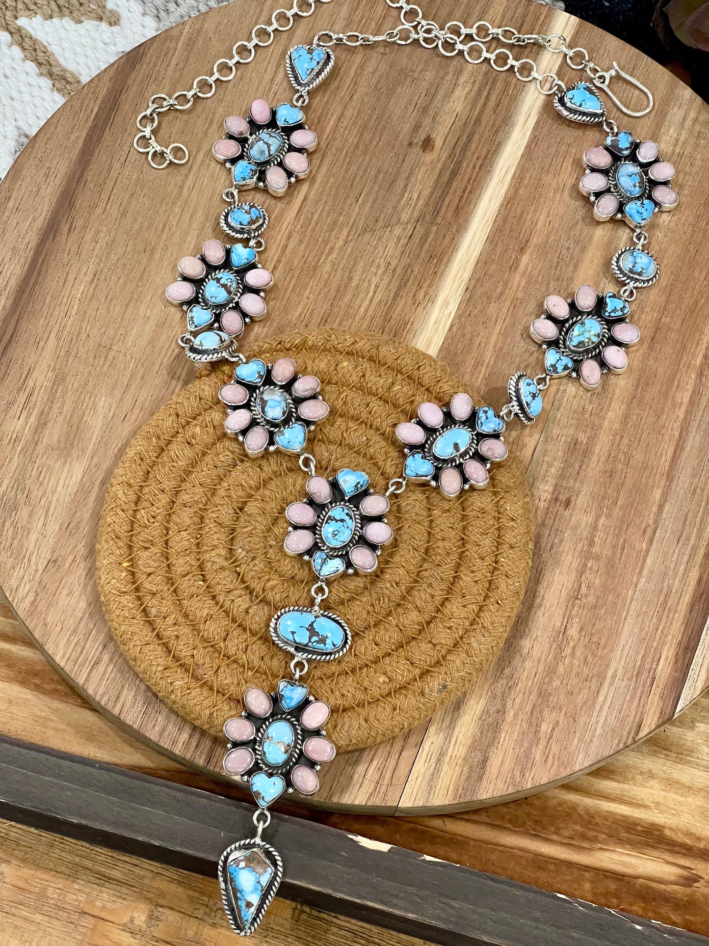 Handmade Sterling Silver, Golden Hills & Pink Conch Lariat Necklace