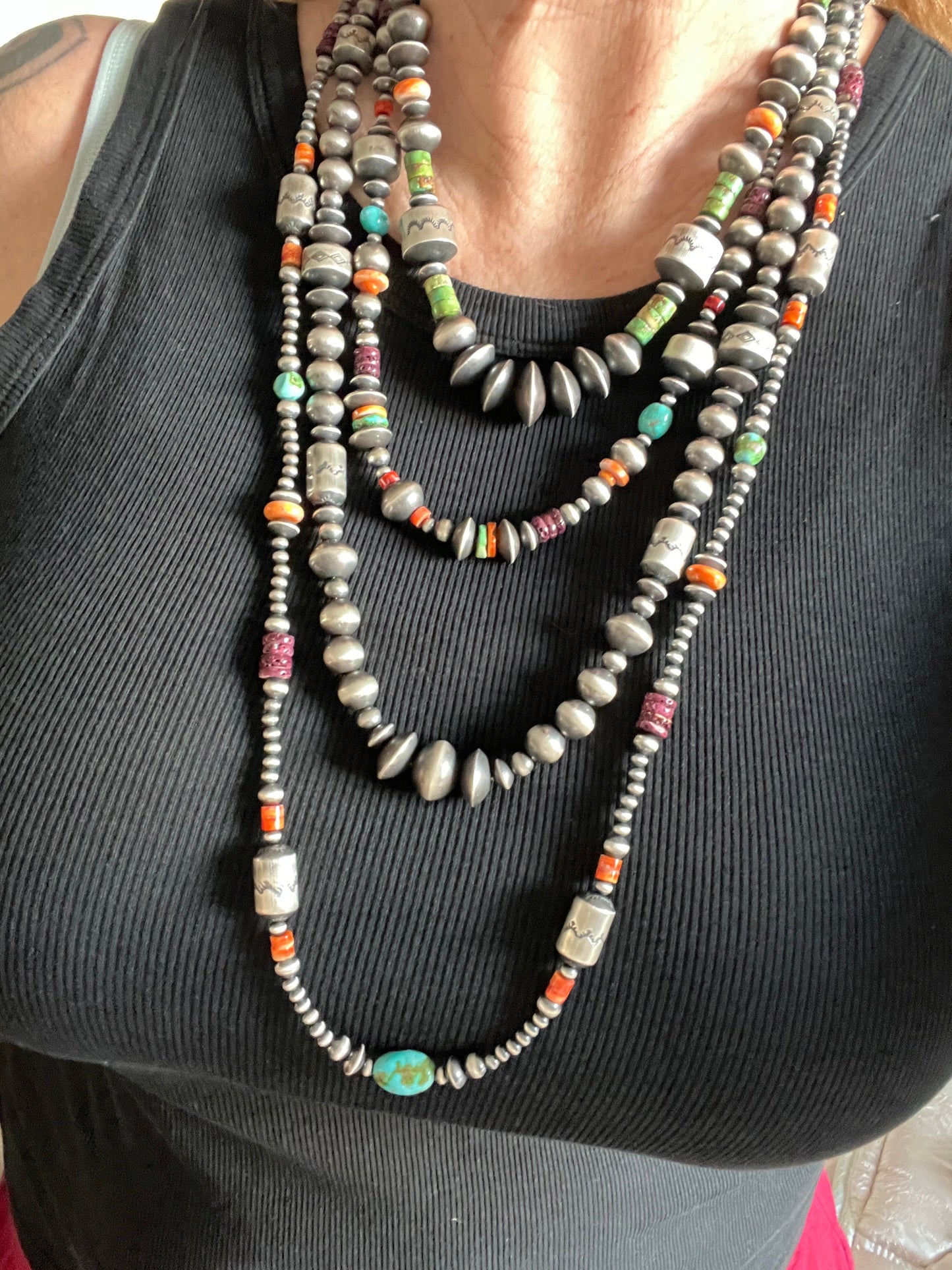 Handcrafted Electric Rainbow Sterling Silver, Turquoise and Spiny Oyster Single Strand Beaded Necklace by Rose Martin, 34 inches