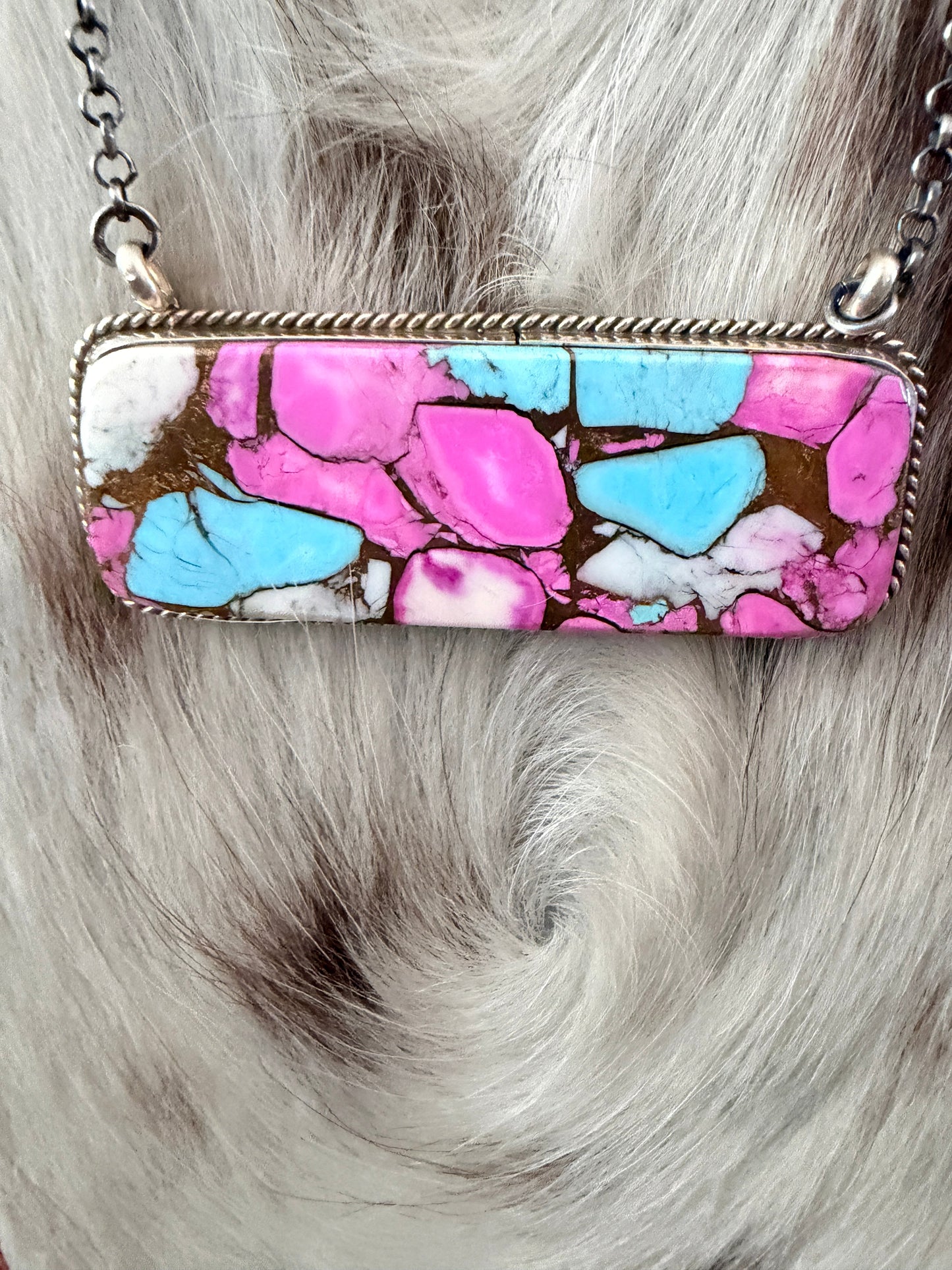 Handcrafted Cotton Candy & Sterling Silver Bar Necklace 18"