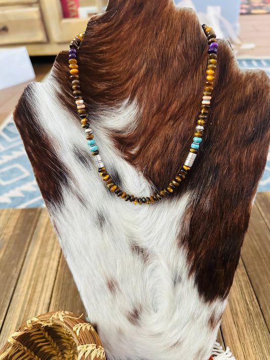 Handcrafted Multi Stone & Sterling Silver Beaded 16” Necklace by T & R Singer